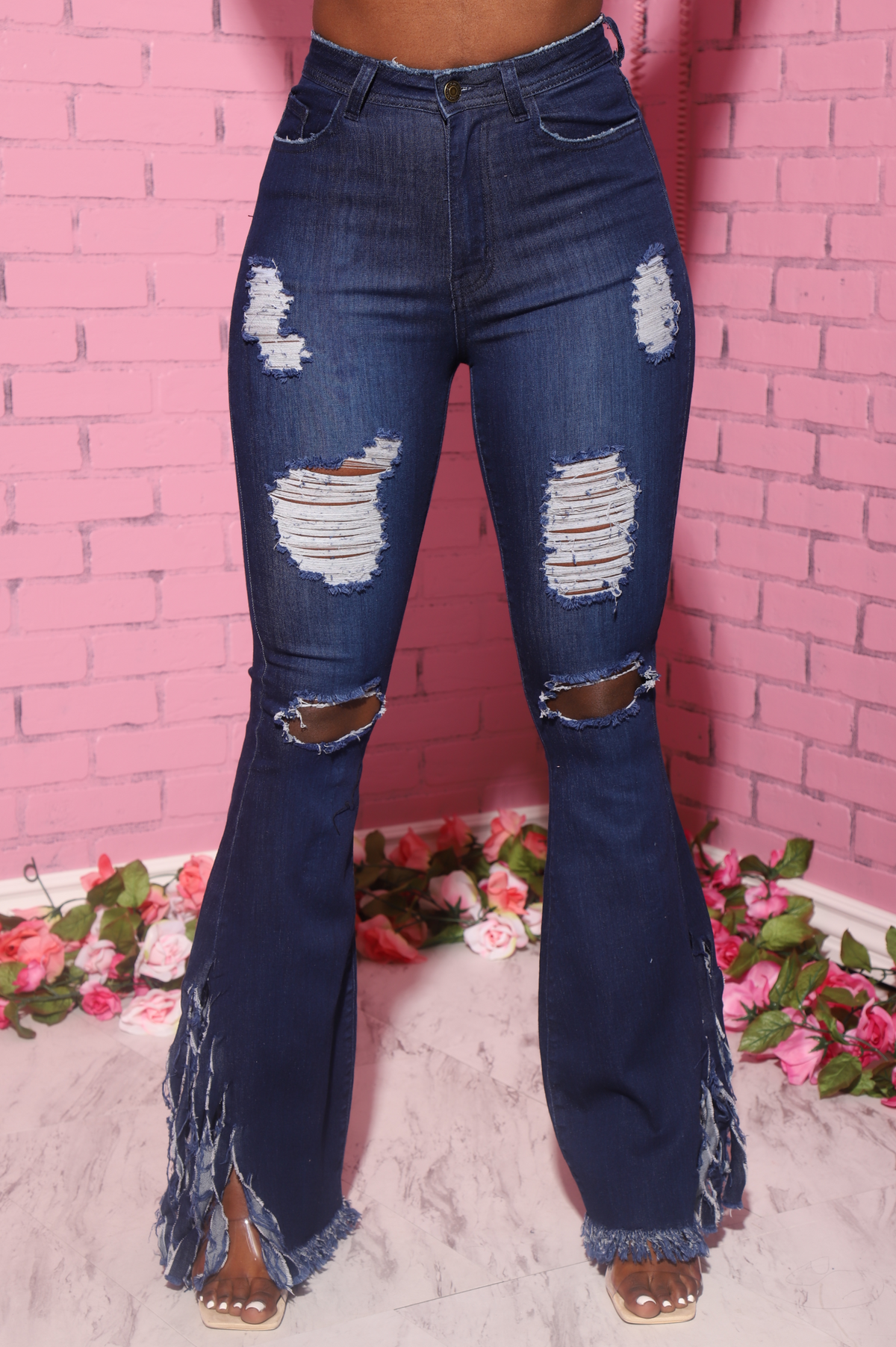 Rude Distressed High Waist Fringe Flare Jeans - Dark Wash - Swank A Posh
