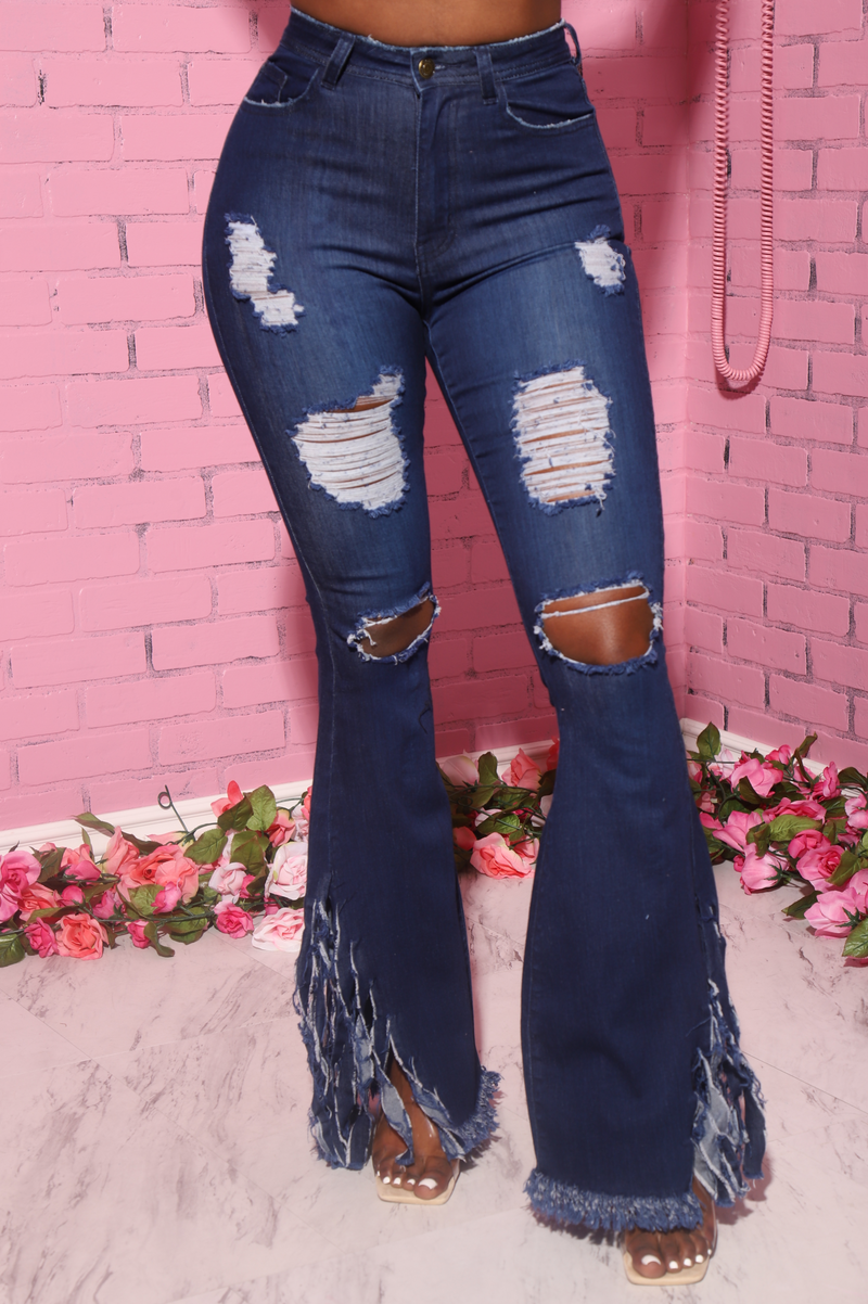 Rude Distressed High Waist Fringe Flare Jeans - Dark Wash
