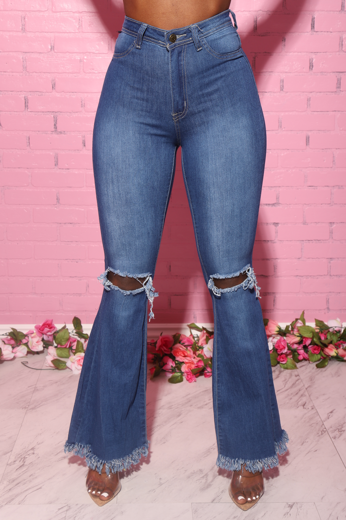 Frontline High Rise Frayed Bell Bottom Jeans - Mid Wash - Swank A Posh