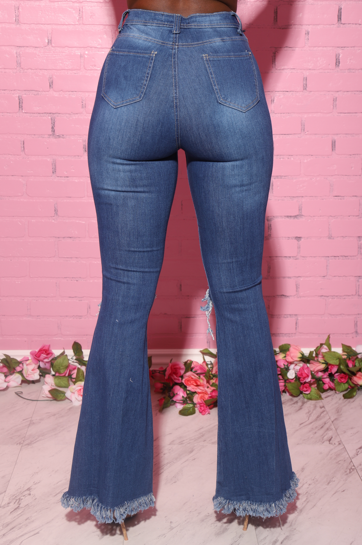 Frontline High Rise Frayed Bell Bottom Jeans - Mid Wash - Swank A Posh
