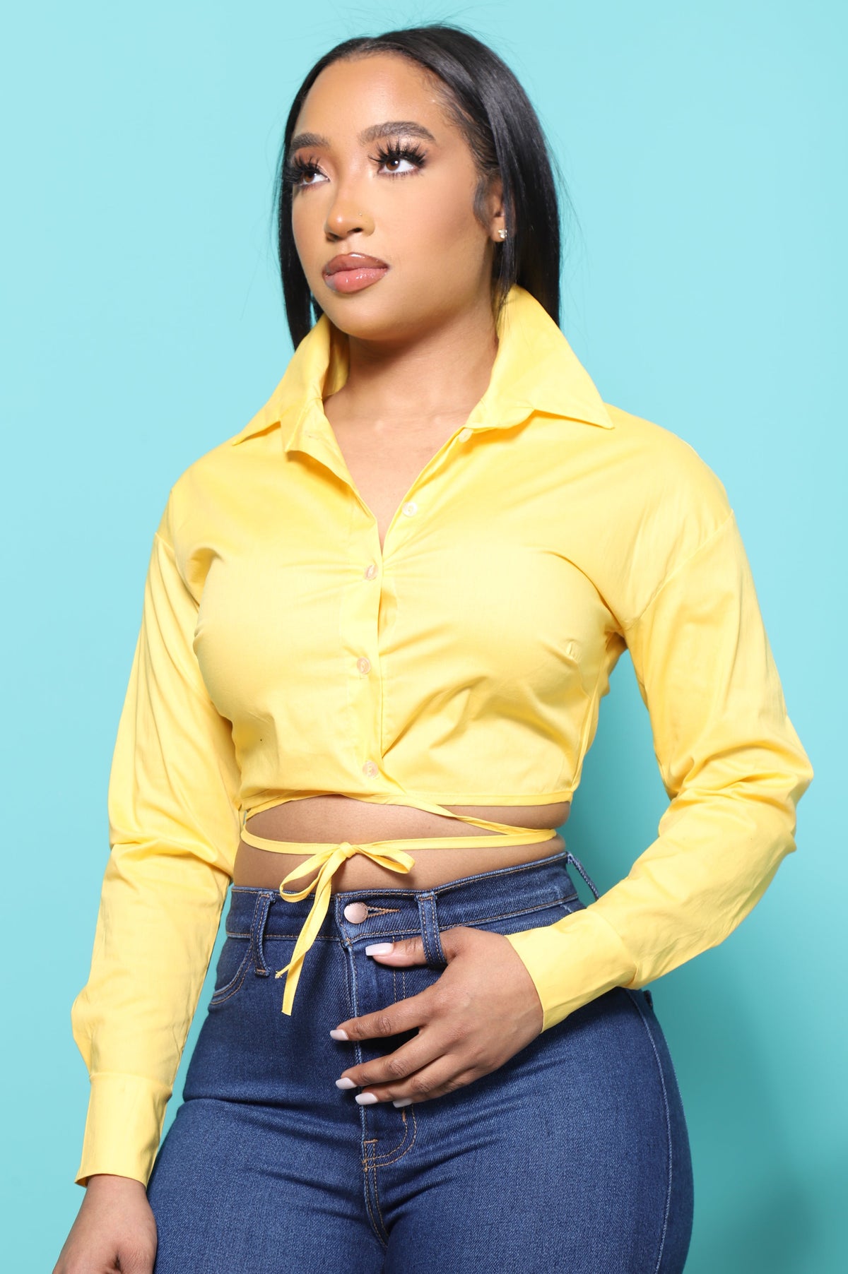 Best Of Me Cropped Button Up Top - Yellow - Swank A Posh