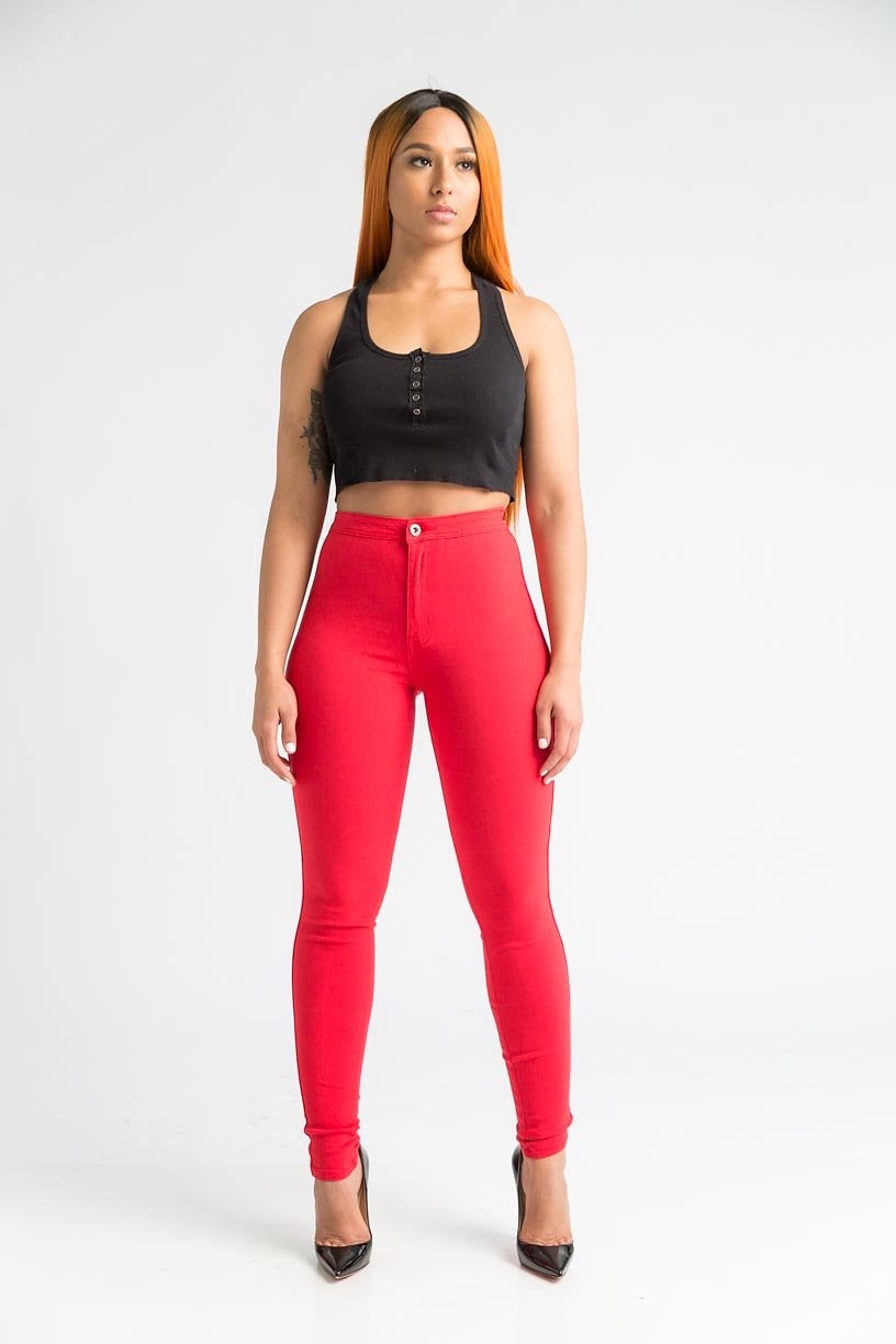 SuperGa High Waist Stretchy Jeans - Red - Swank A Posh