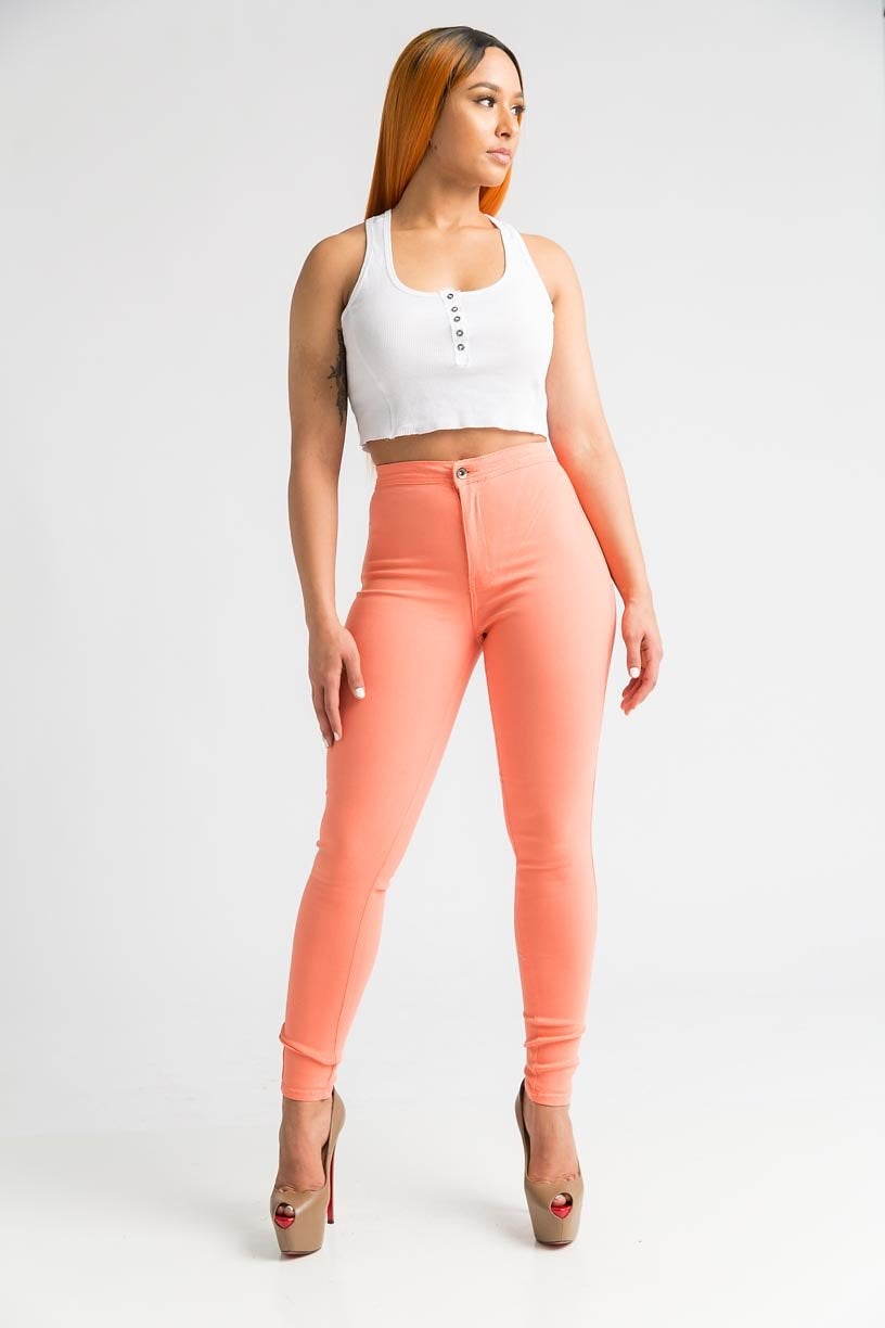 SuperGa High Waist Stretchy Jeans - Orange Sorbet - Swank A Posh