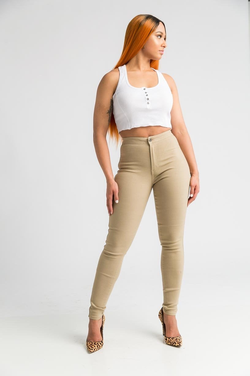 SuperGa High Waist Stretchy Jeans - Khaki - Swank A Posh