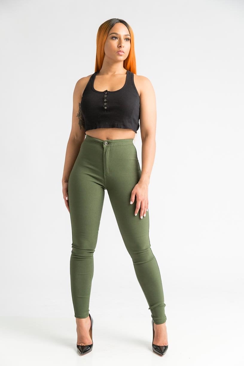 SuperGa High Waist Stretchy Jeans - Olive - Swank A Posh