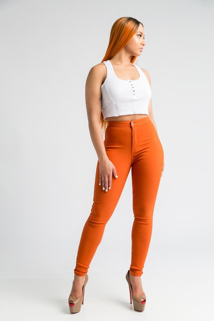 SuperGa High Waist Stretchy Jeans - Rust - Swank A Posh
