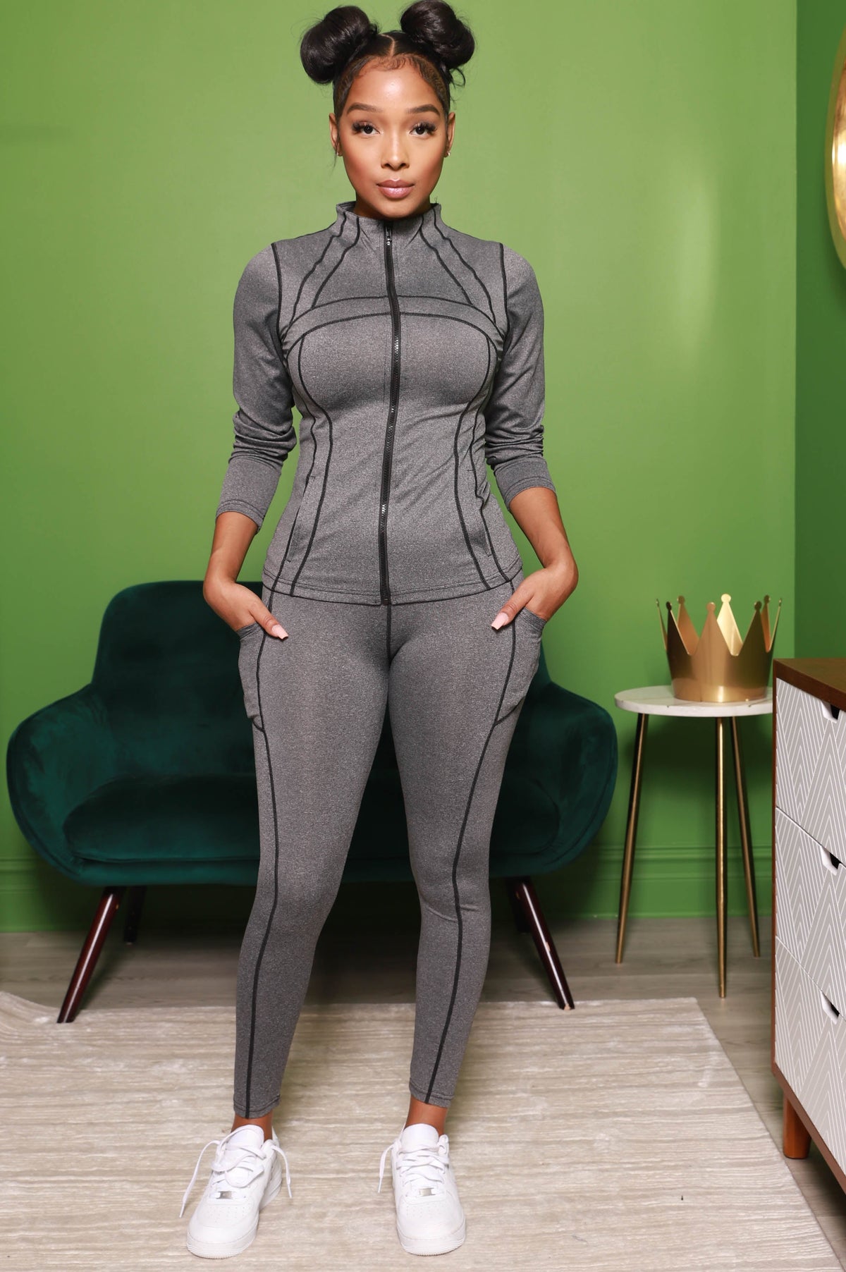 Say It Right Zip Up Athletic Set - Grey - Swank A Posh