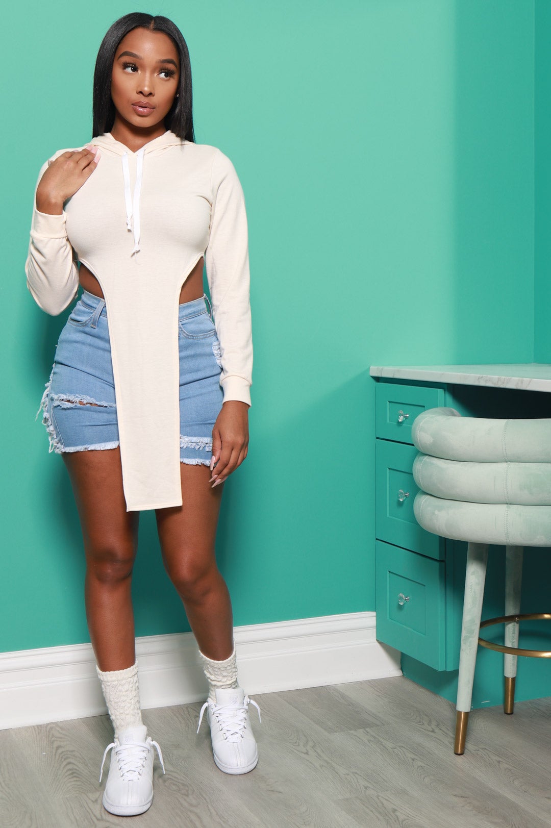 The Set Up Cropped Asymmetric Hoodie - Cream - Swank A Posh