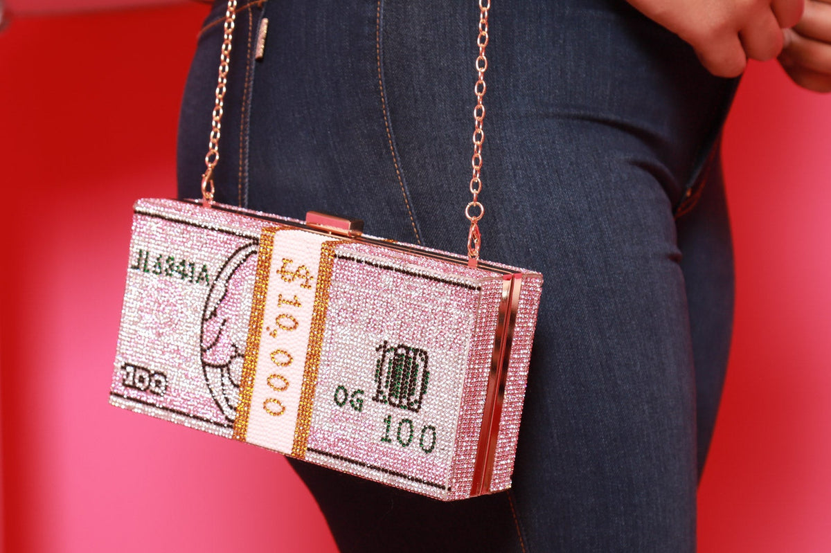 Currency Rhinestone Clutch Shoulder Bag - Rose Gold - Swank A Posh