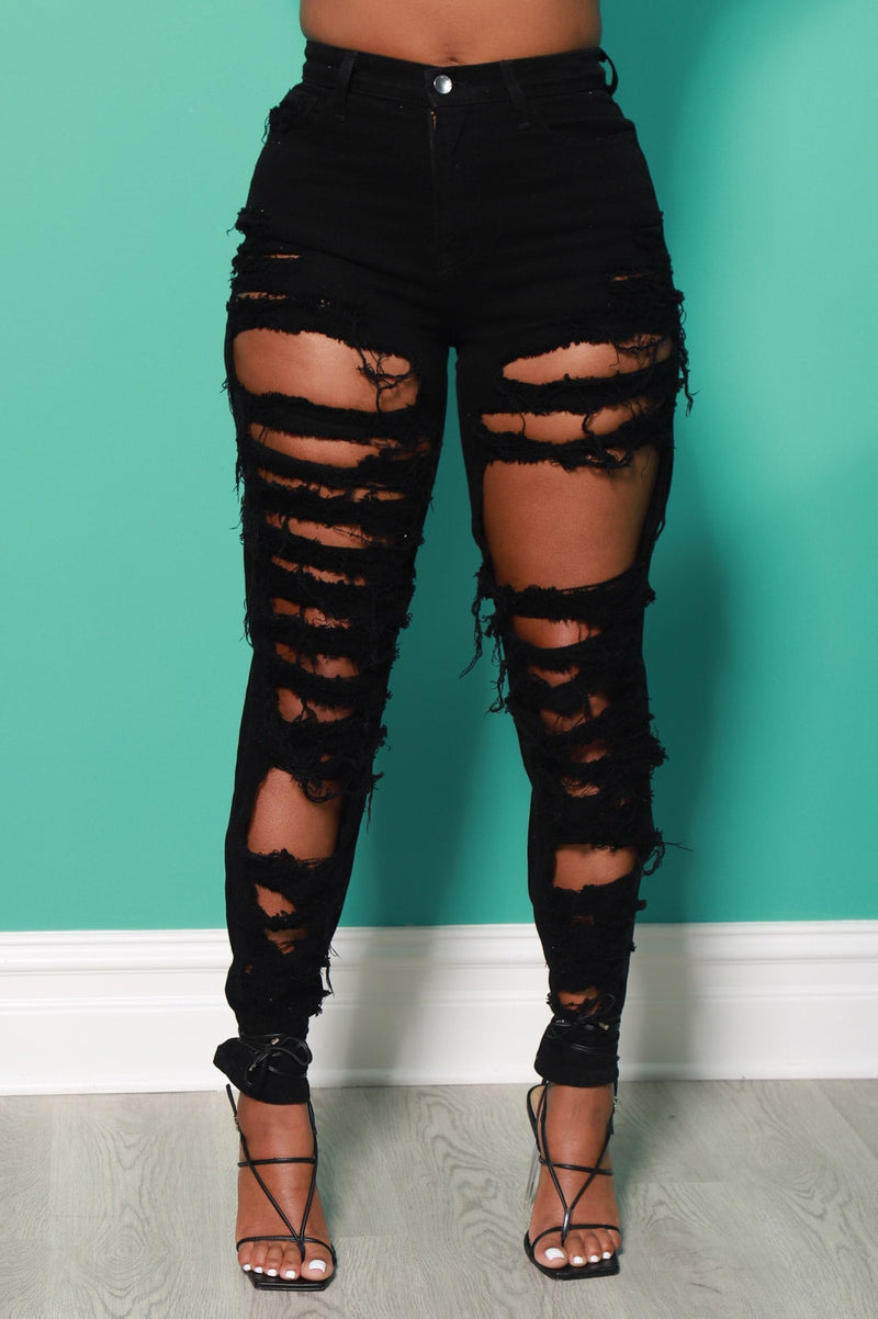 On The Outs Distressed High Rise Jeans - Black