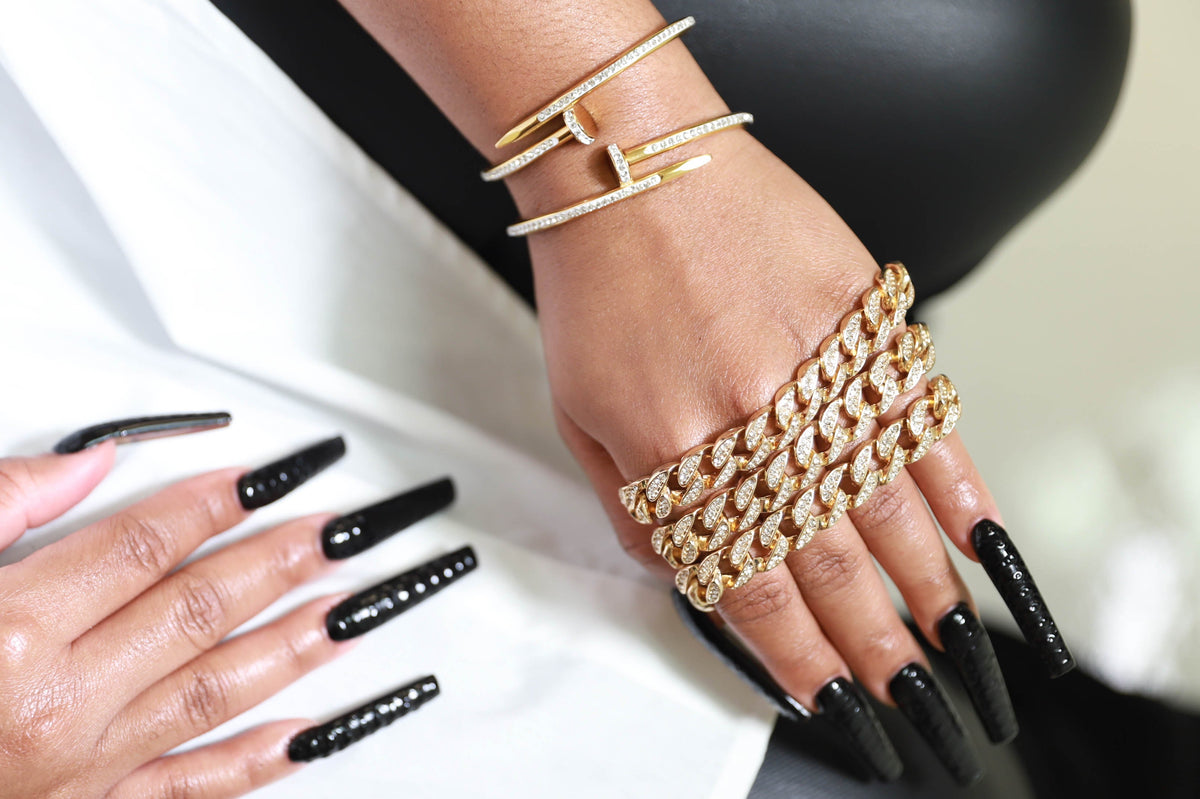 Spiked Rhinestone Embellished Nail Cuff Bracelet - Gold - Swank A Posh