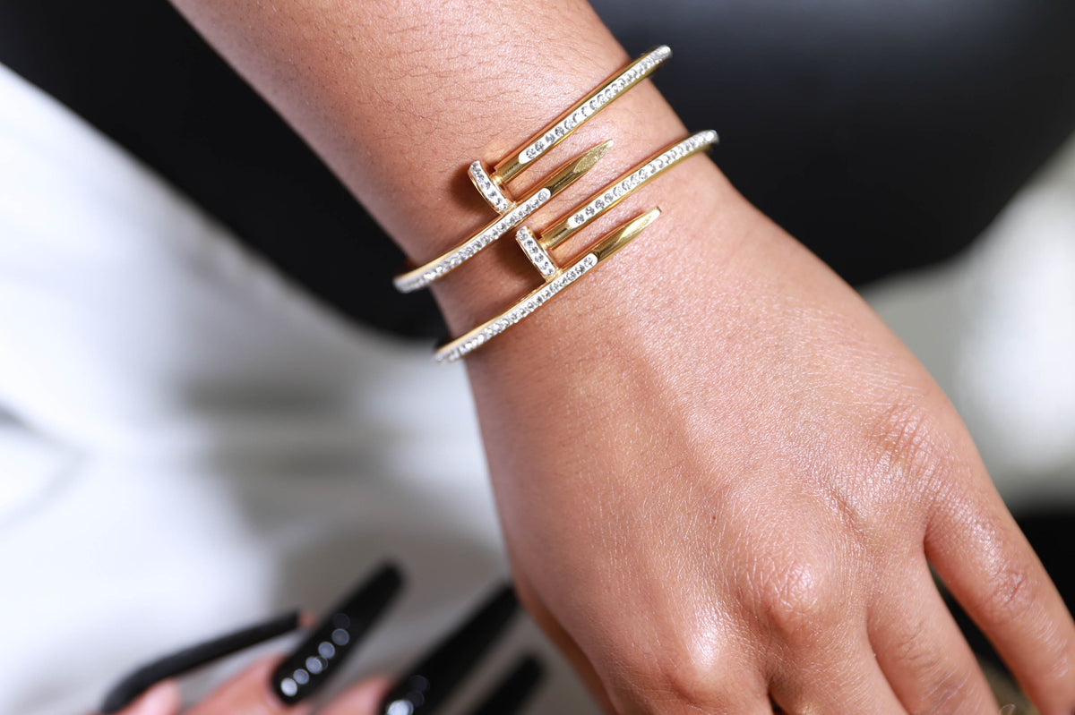 Spiked Rhinestone Embellished Nail Cuff Bracelet - Gold - Swank A Posh