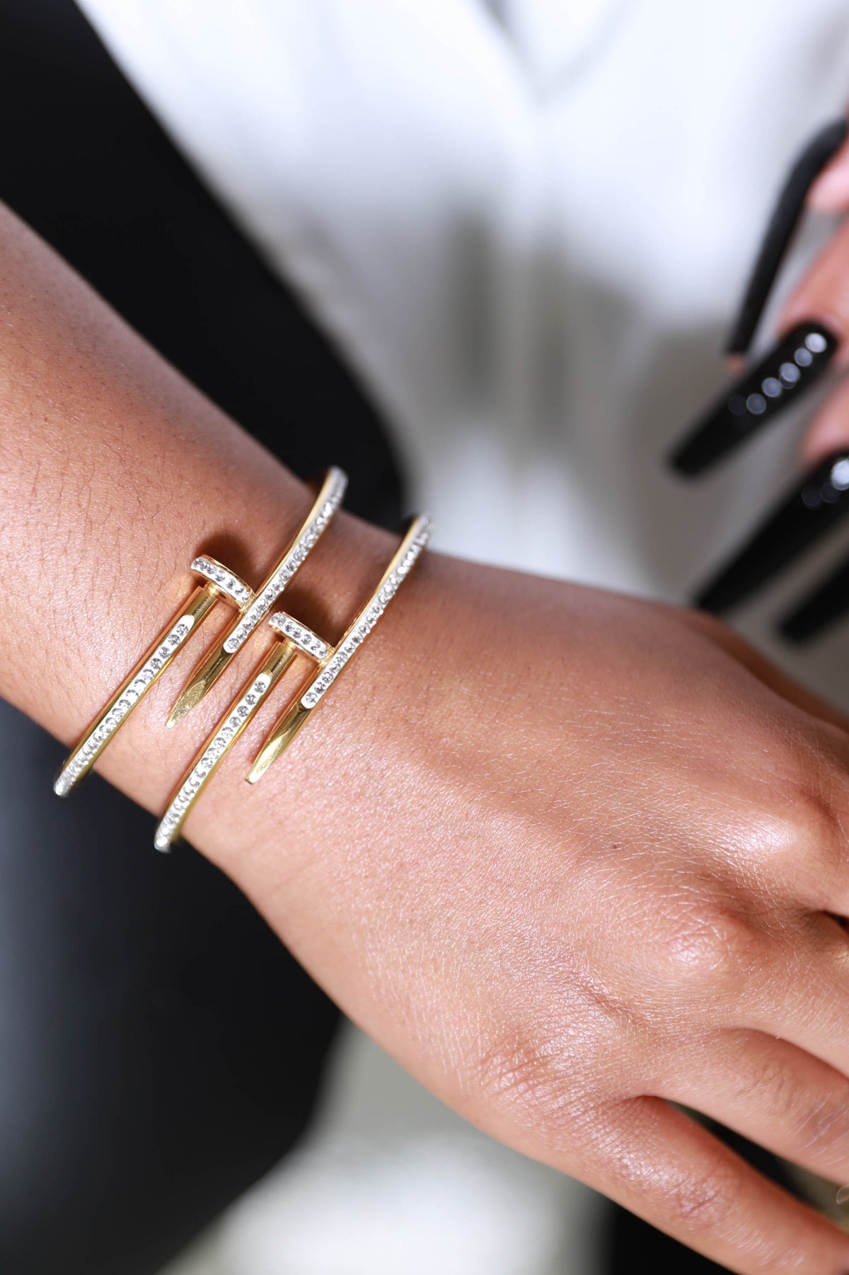 Spiked Rhinestone Embellished Nail Cuff Bracelet - Gold - Swank A Posh