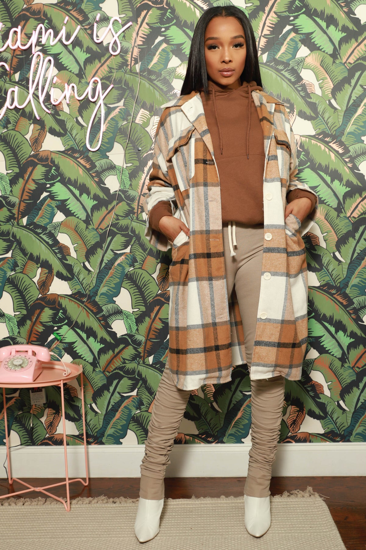 Stick With Me Oversized Flannel Coat - Taupe