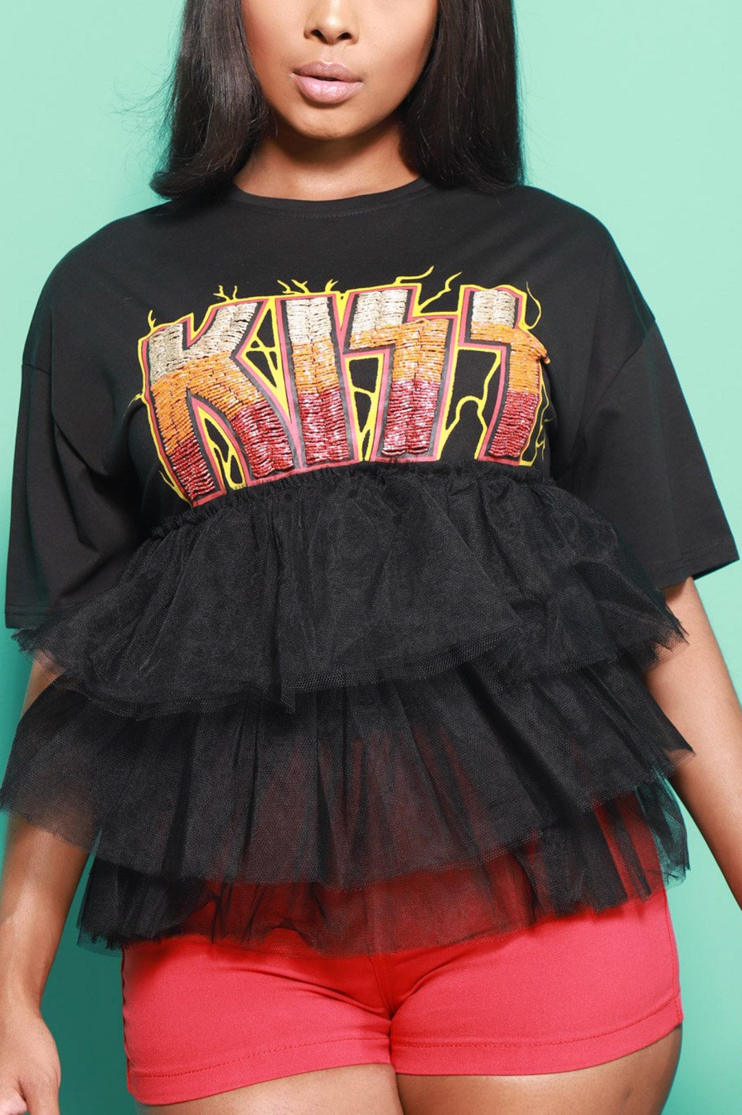 Kiss Tulle Graphic T-Shirt - Black - Swank A Posh