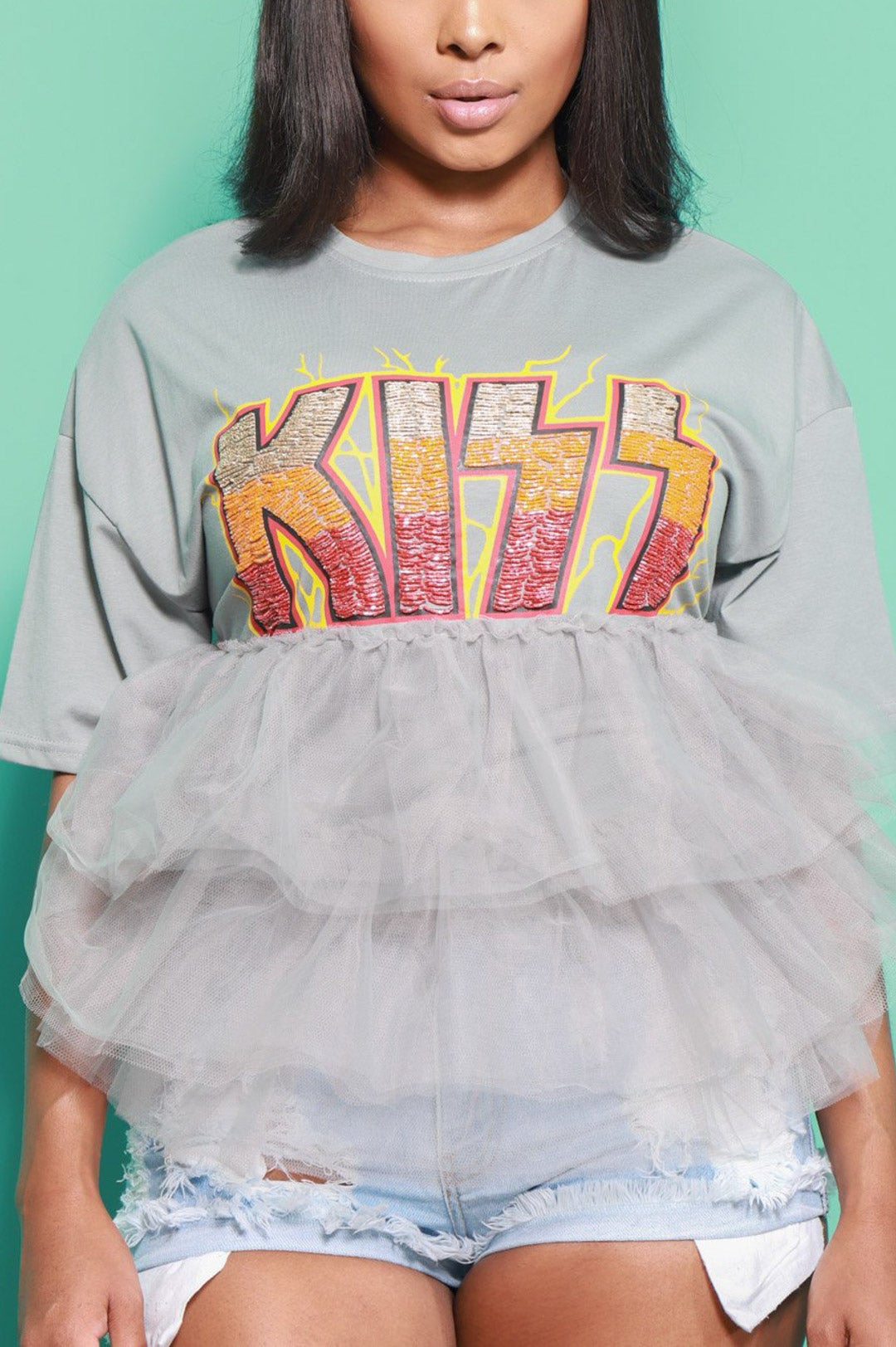 Kiss Tulle Graphic T-Shirt - Grey - Swank A Posh