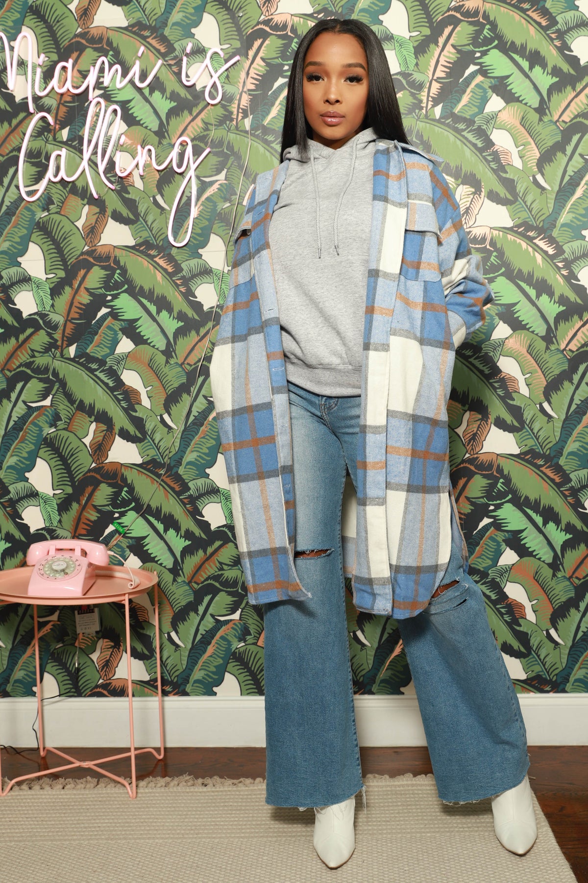 Stick With Me Oversized Flannel Coat - Blue