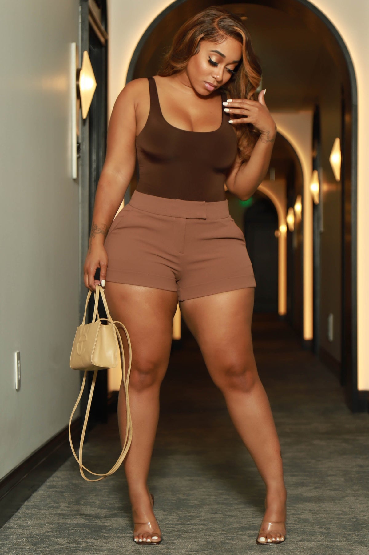 On The Brink High Waist Stretchy Shorts - Mocha - Swank A Posh