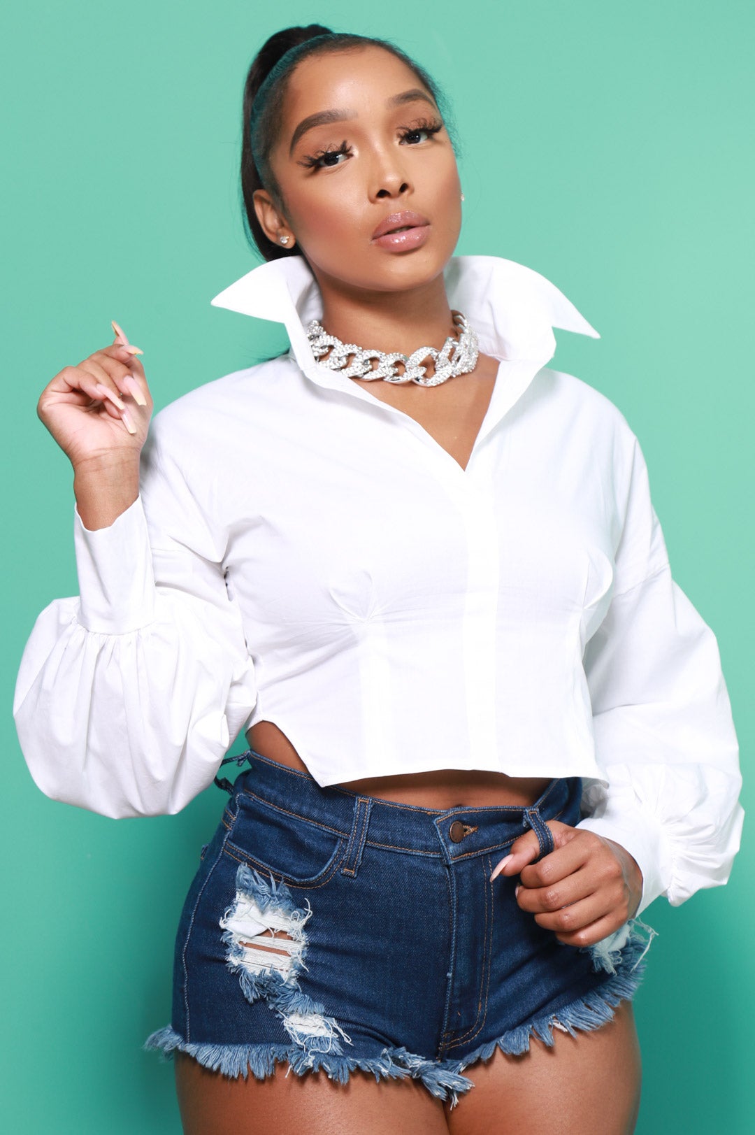 Cancun Balloon Sleeve Cropped Blouse - White - Swank A Posh