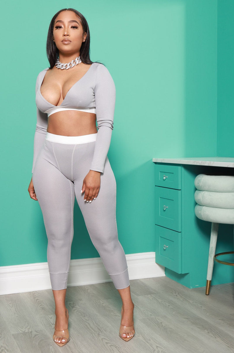 Don't Be Salty Ribbed Pants Set - Grey