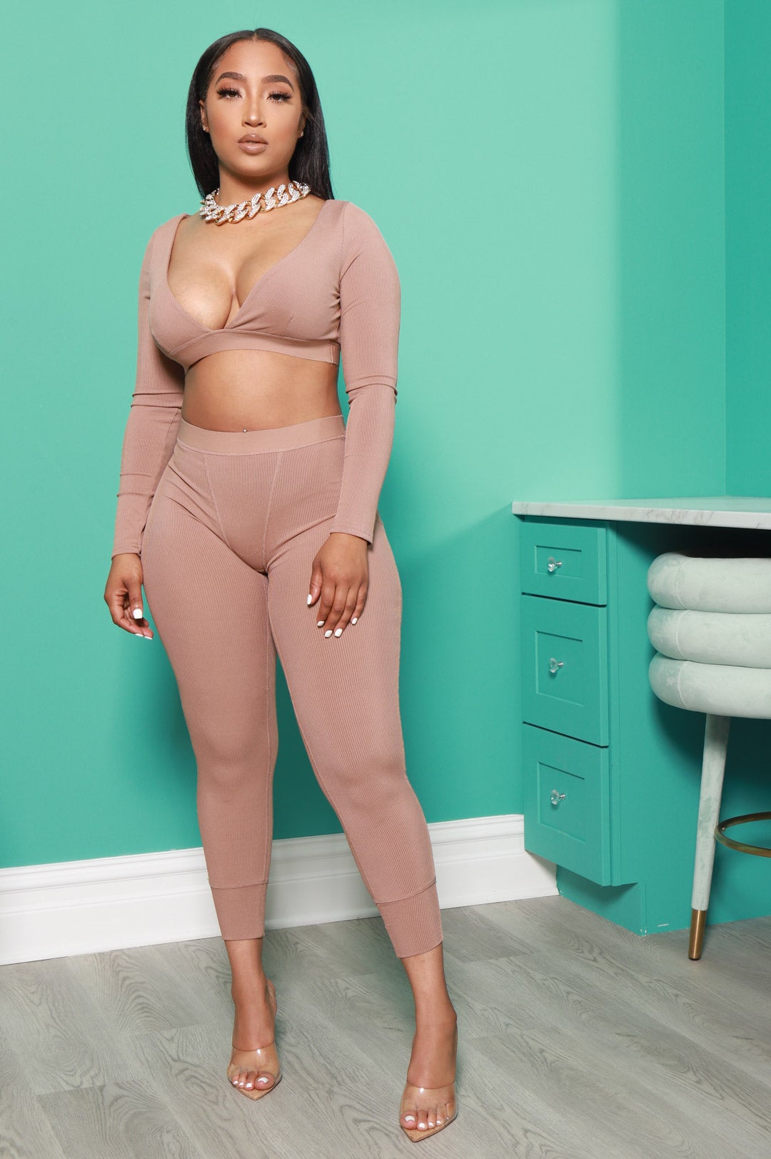 Don't Be Salty Ribbed Pants Set - Mocha - Swank A Posh