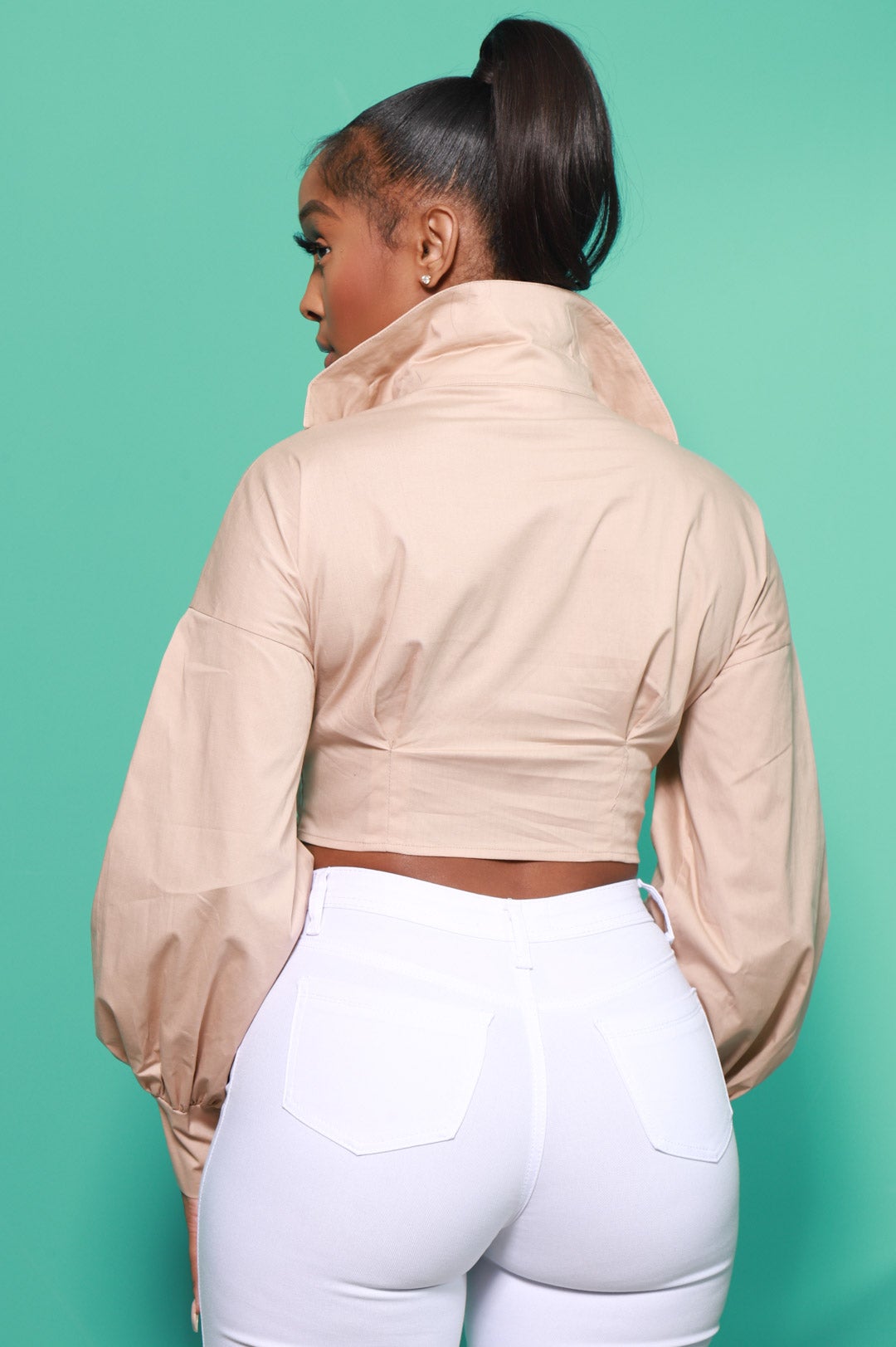 Cancun Balloon Sleeve Cropped Blouse - Khaki - Swank A Posh