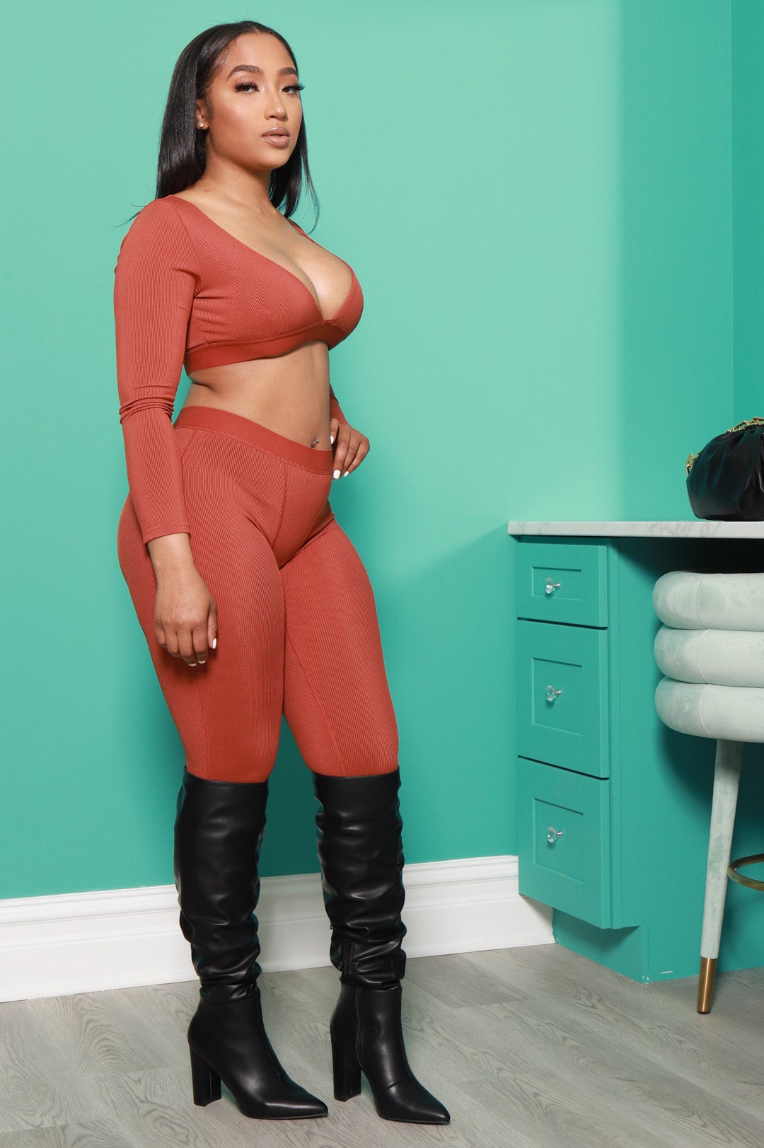 Don't Be Salty Ribbed Pants Set - Rust - Swank A Posh