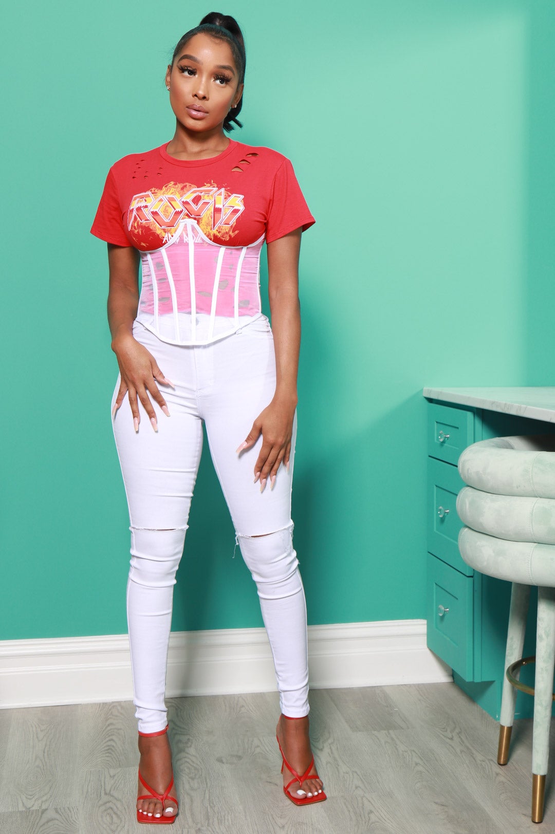 Sidebar Knee Slit High Rise Jeans - White - Swank A Posh