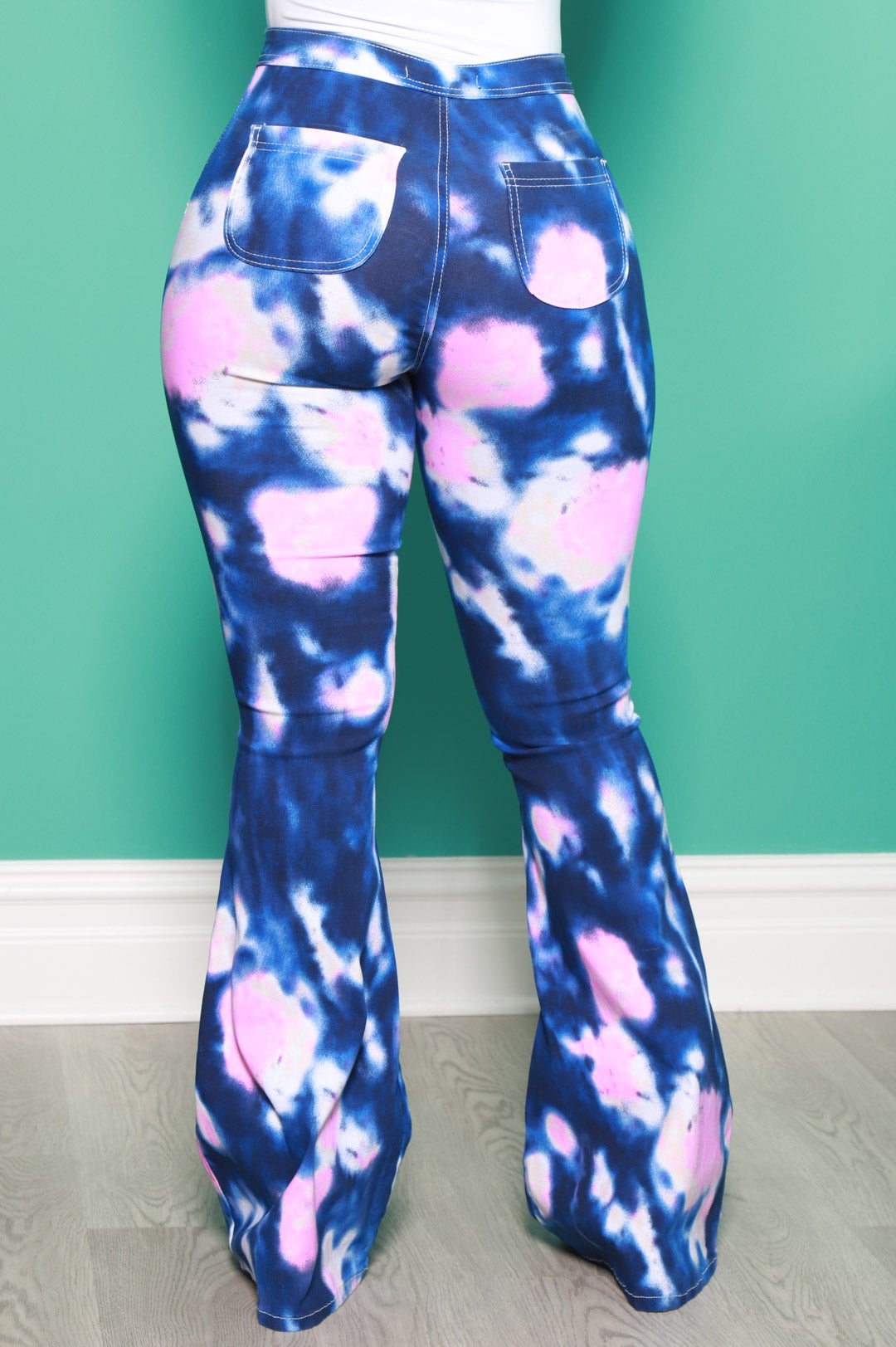 Emotion Tie Dye High Rise Flare Stretchy Jeans - Navy/Pink - Swank A Posh