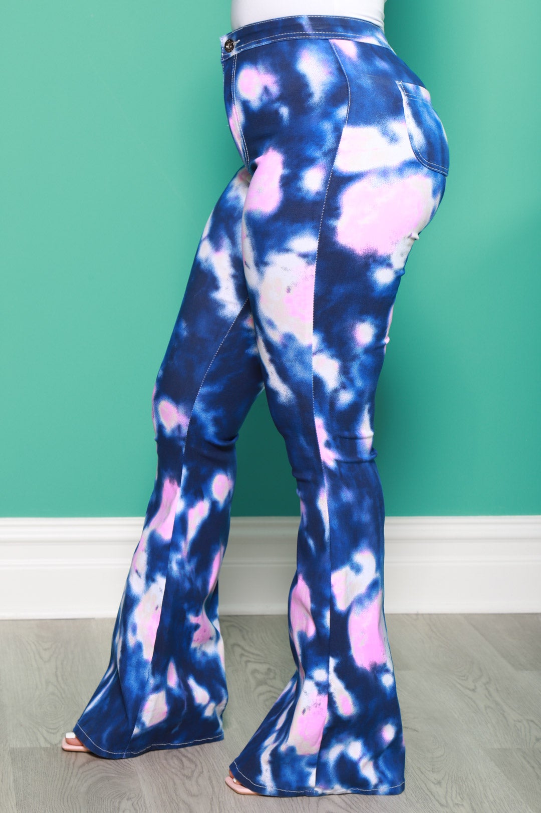 Emotion Tie Dye High Rise Flare Stretchy Jeans - Navy/Pink - Swank A Posh