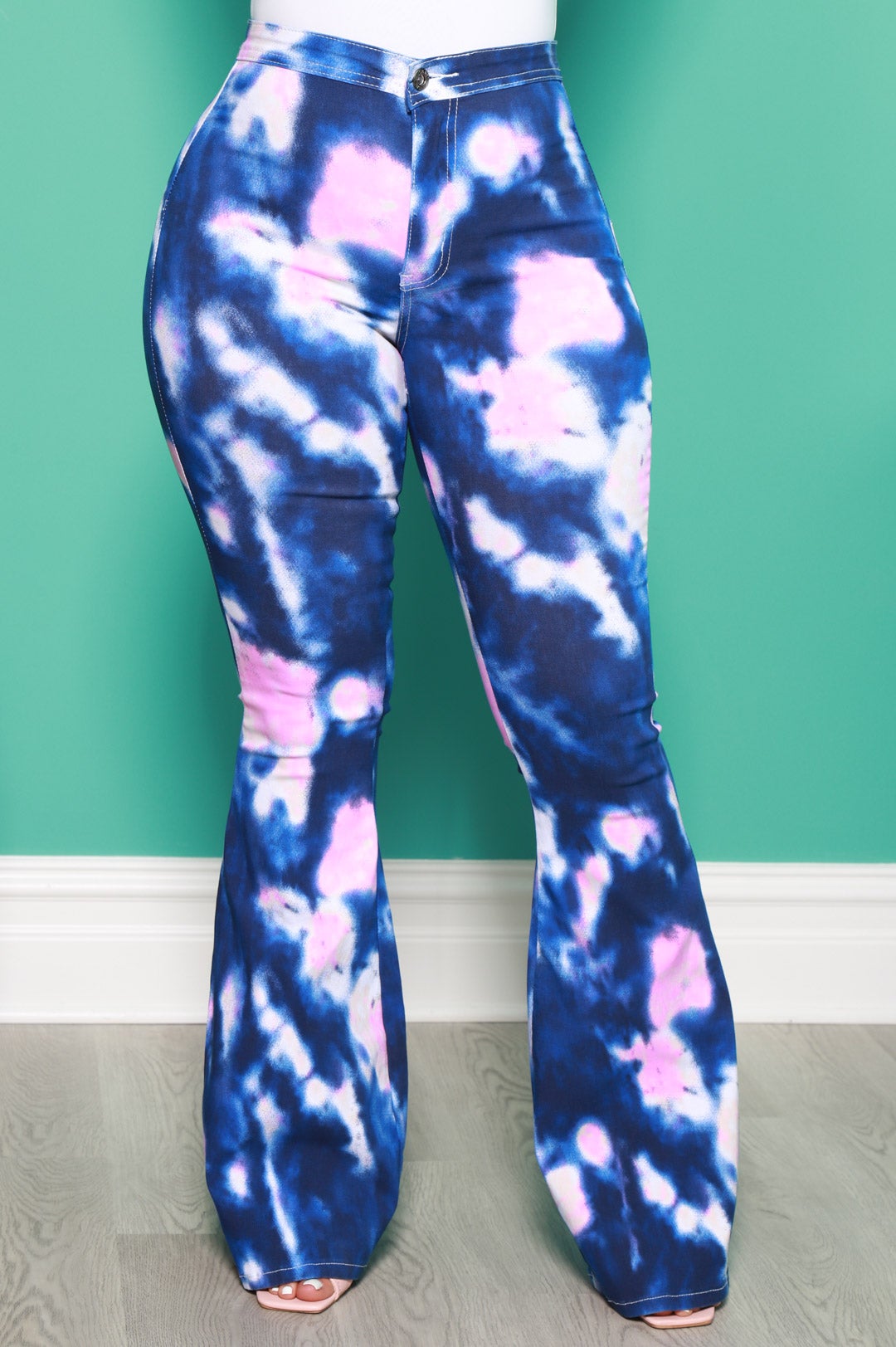 Emotion Tie Dye High Rise Flare Stretchy Jeans - Navy/Pink - Swank A Posh