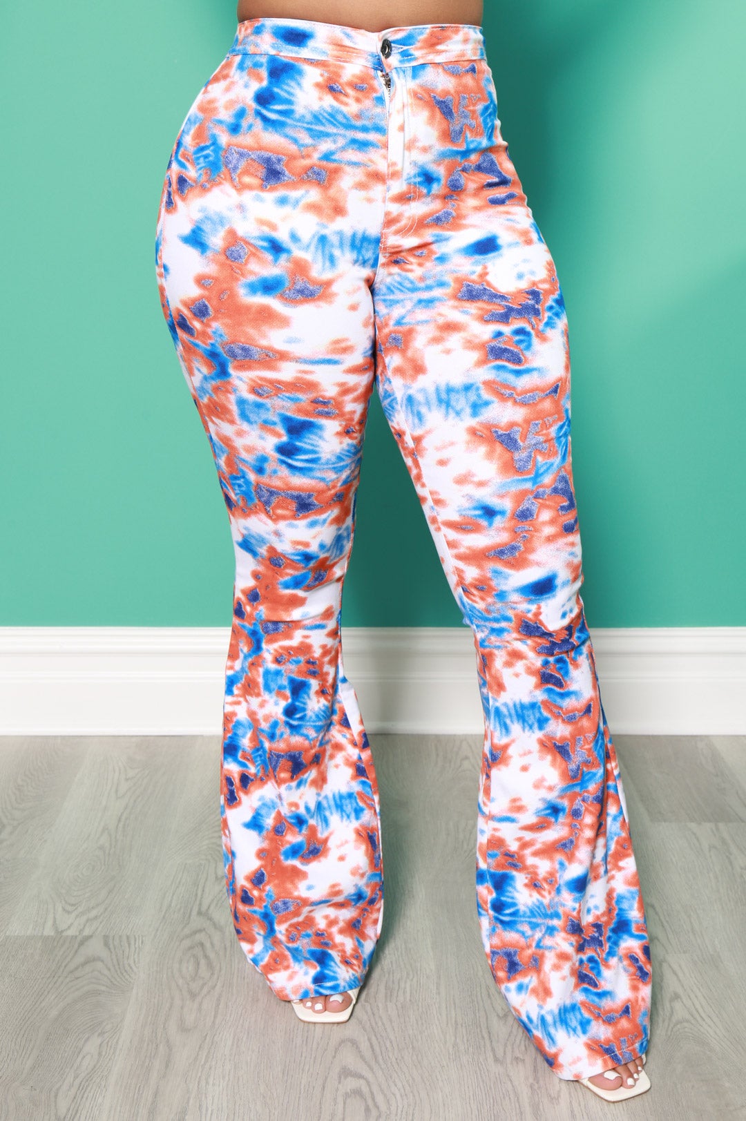 Emotion Tie Dye High Rise Flare Stretchy Jeans - Orange/Blue - Swank A Posh