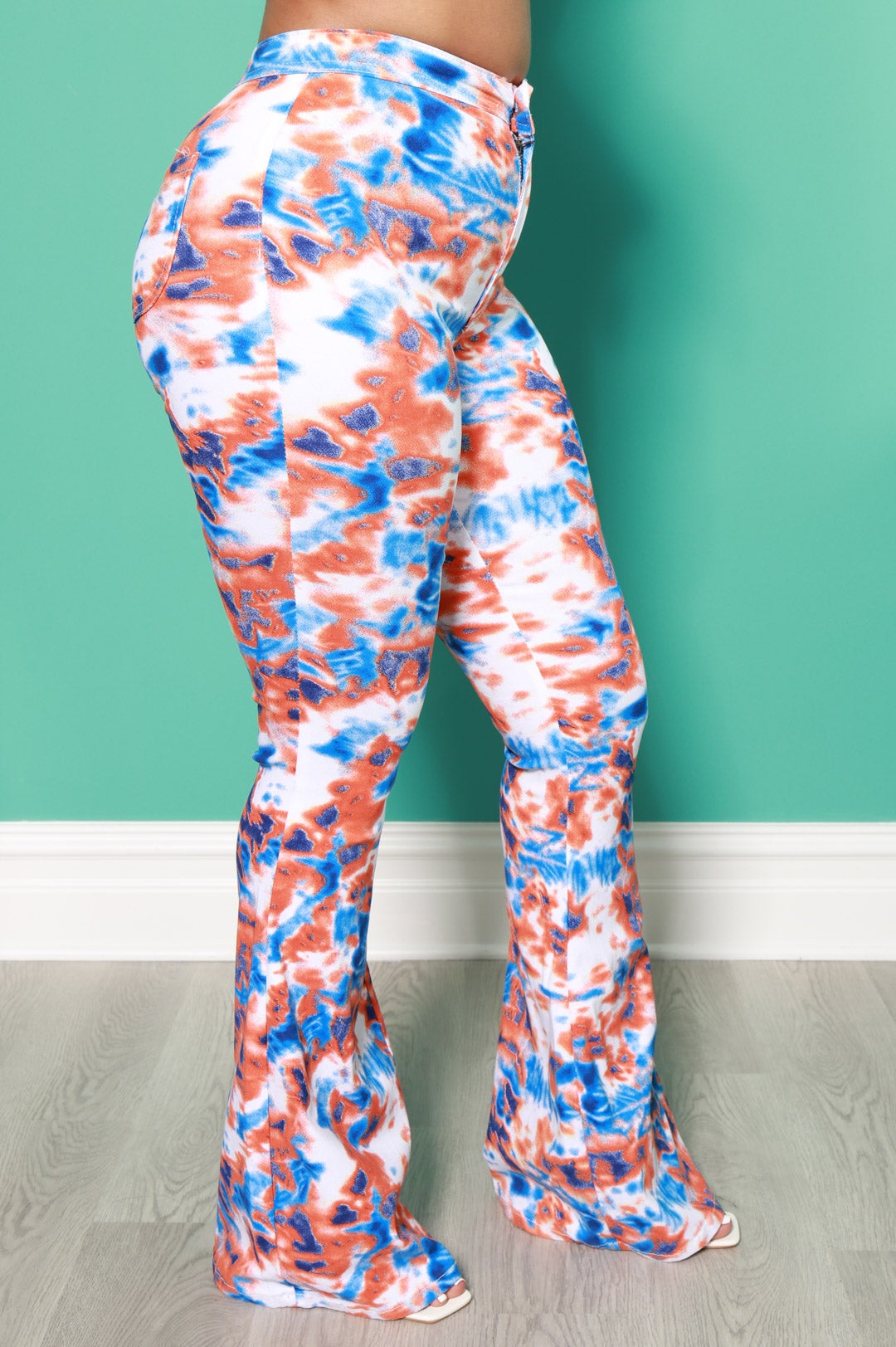 Emotion Tie Dye High Rise Flare Stretchy Jeans - Orange/Blue - Swank A Posh