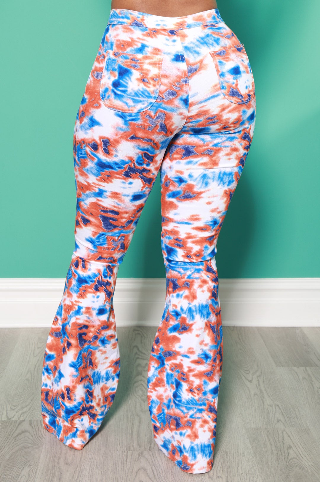 Emotion Tie Dye High Rise Flare Stretchy Jeans - Orange/Blue - Swank A Posh