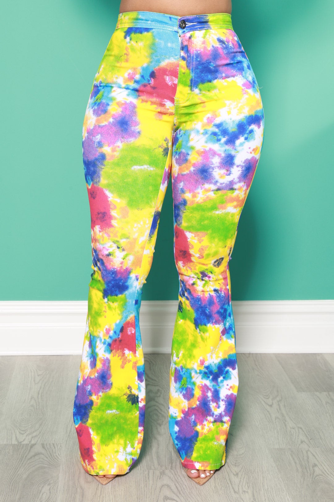 Emotion Tie Dye High Rise Flare Stretchy Jeans - Rainbow - Swank A Posh