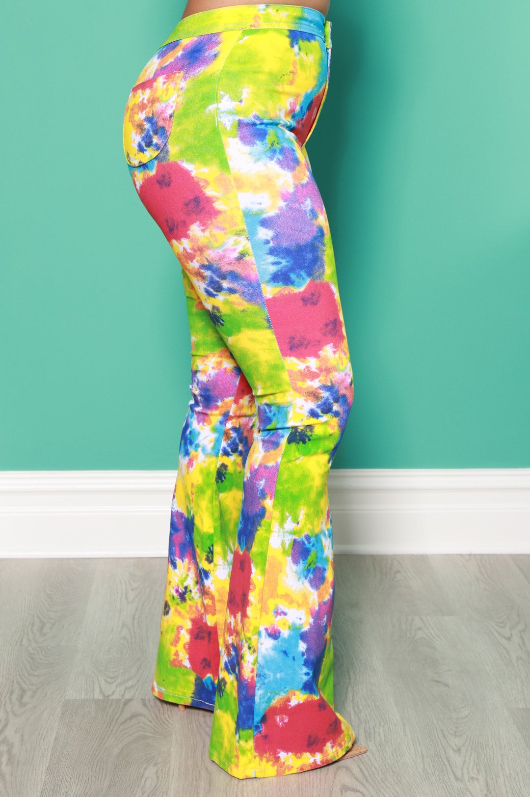 Emotion Tie Dye High Rise Flare Stretchy Jeans - Rainbow - Swank A Posh