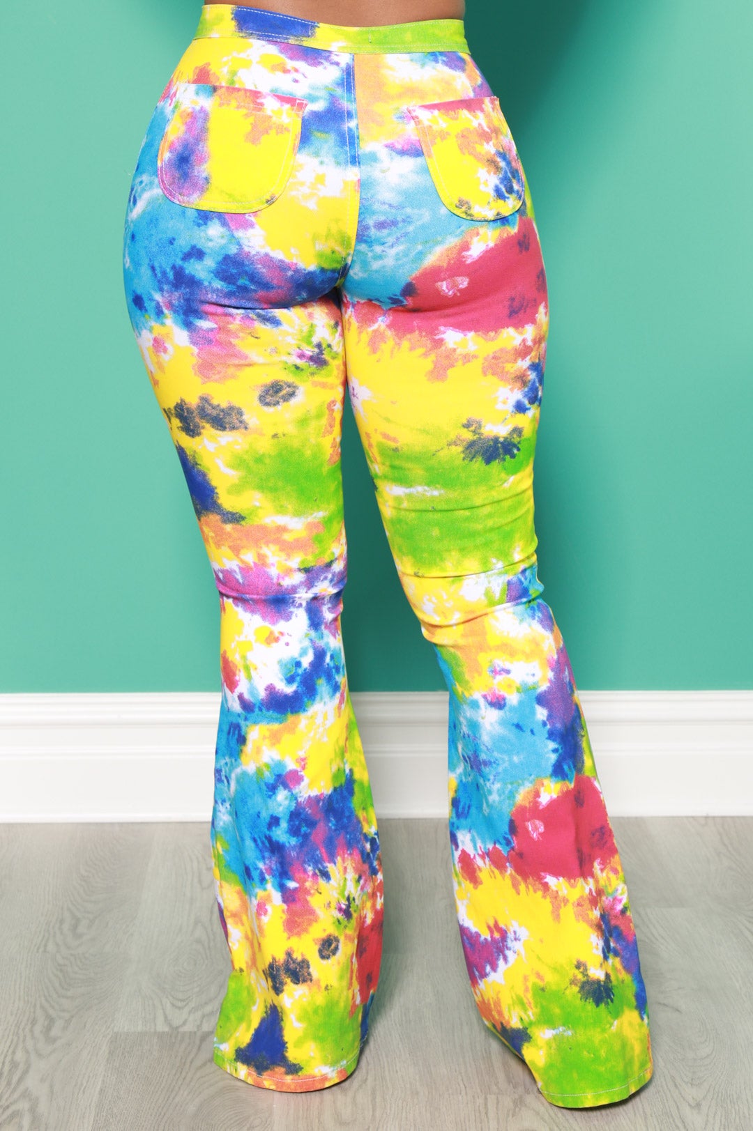 Emotion Tie Dye High Rise Flare Stretchy Jeans - Rainbow - Swank A Posh