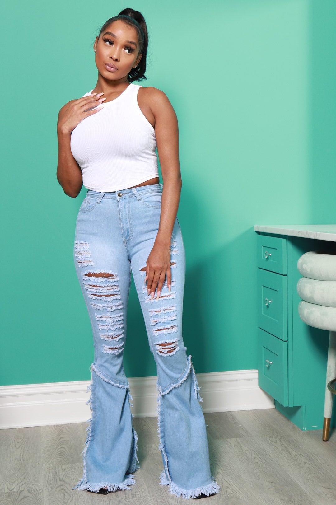 The Other Side Distressed Stretchy Flare Jeans - Light Wash - Swank A Posh