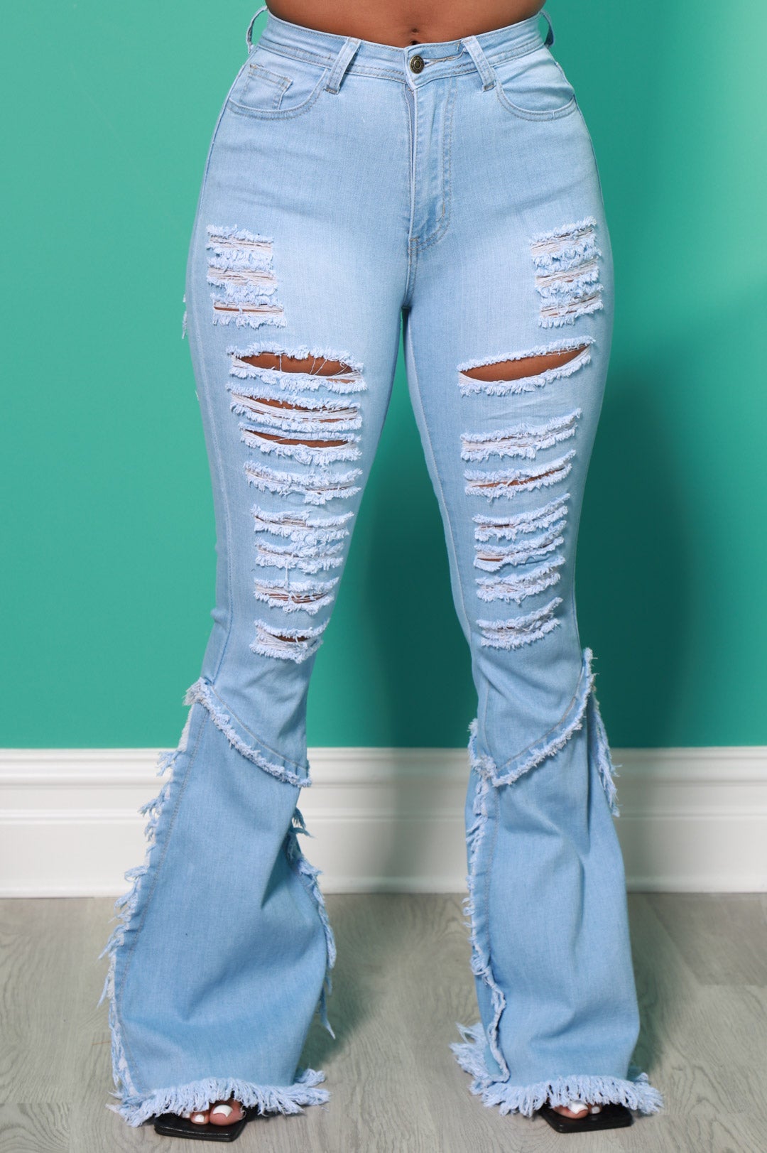 The Other Side Distressed Stretchy Flare Jeans - Light Wash - Swank A Posh