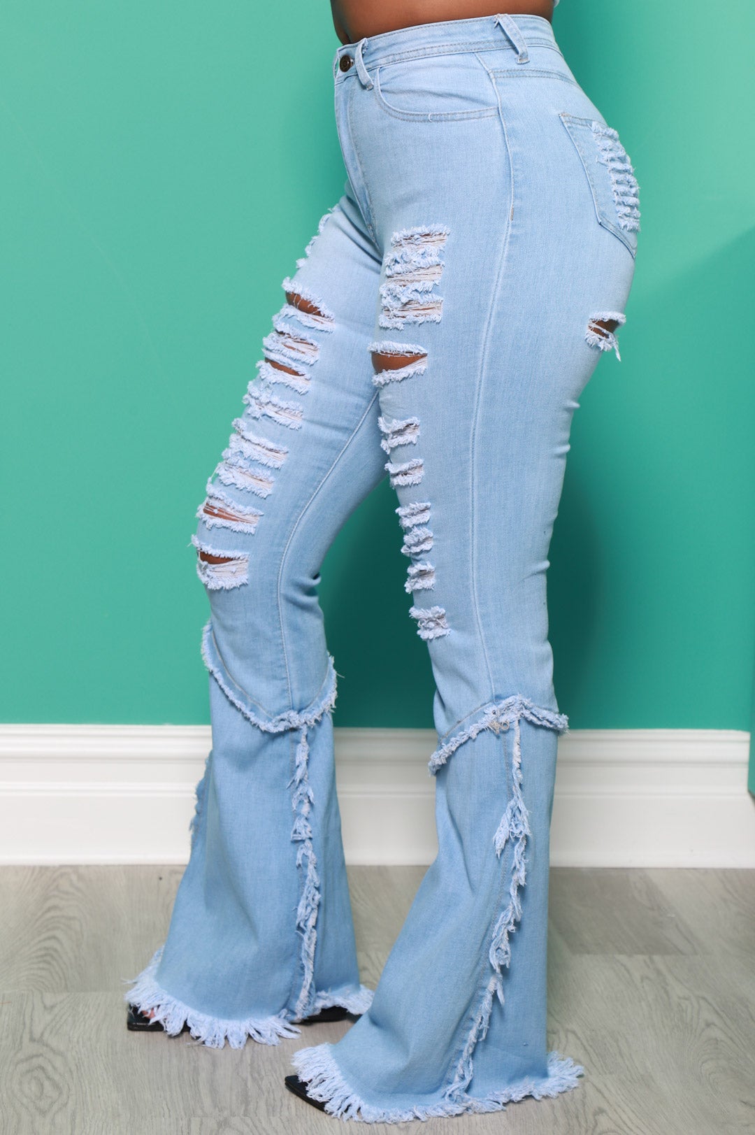 The Other Side Distressed Stretchy Flare Jeans - Light Wash - Swank A Posh