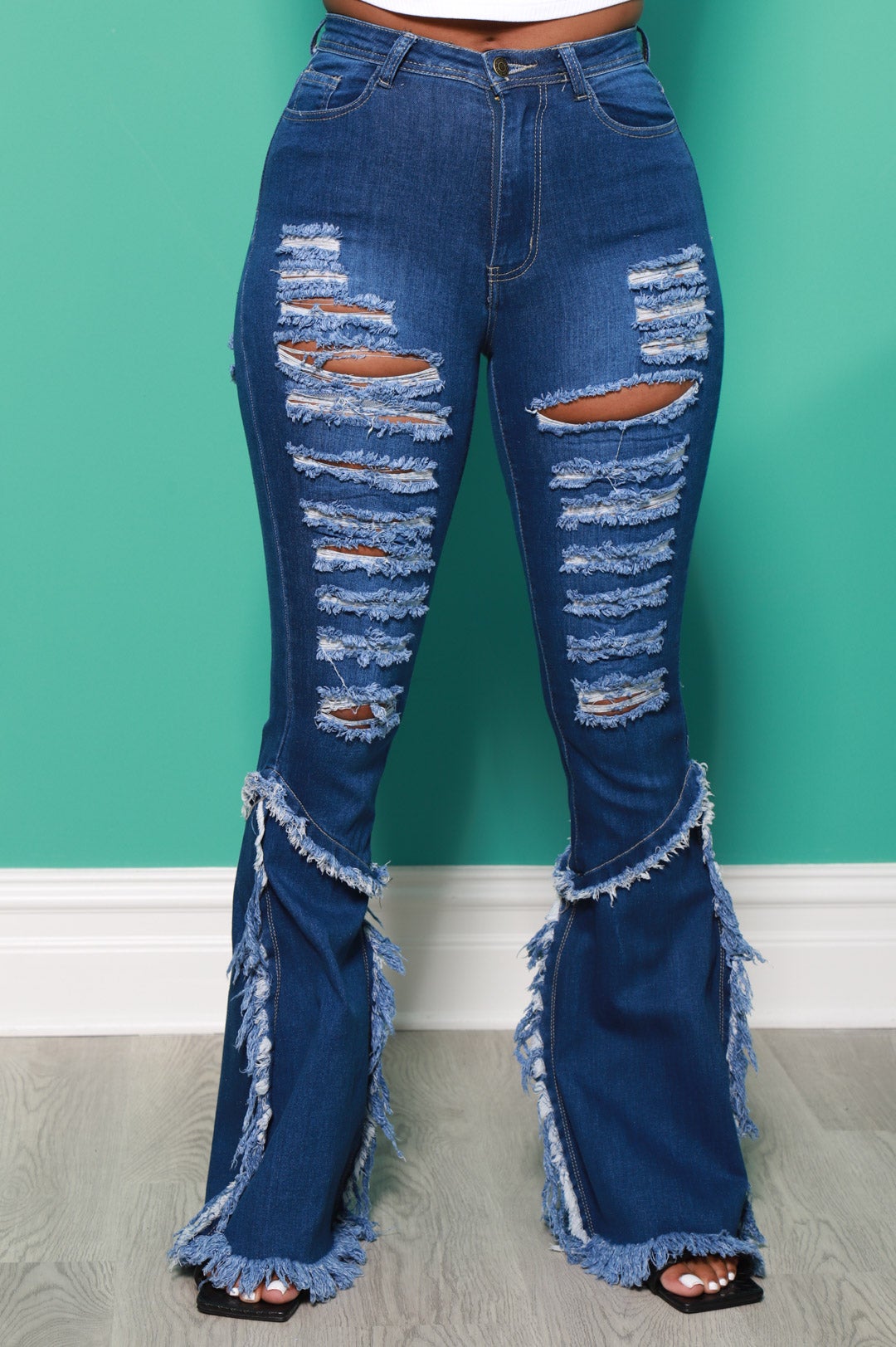 The Other Side Distressed Stretchy Flare Jeans - Mid Wash - Swank A Posh