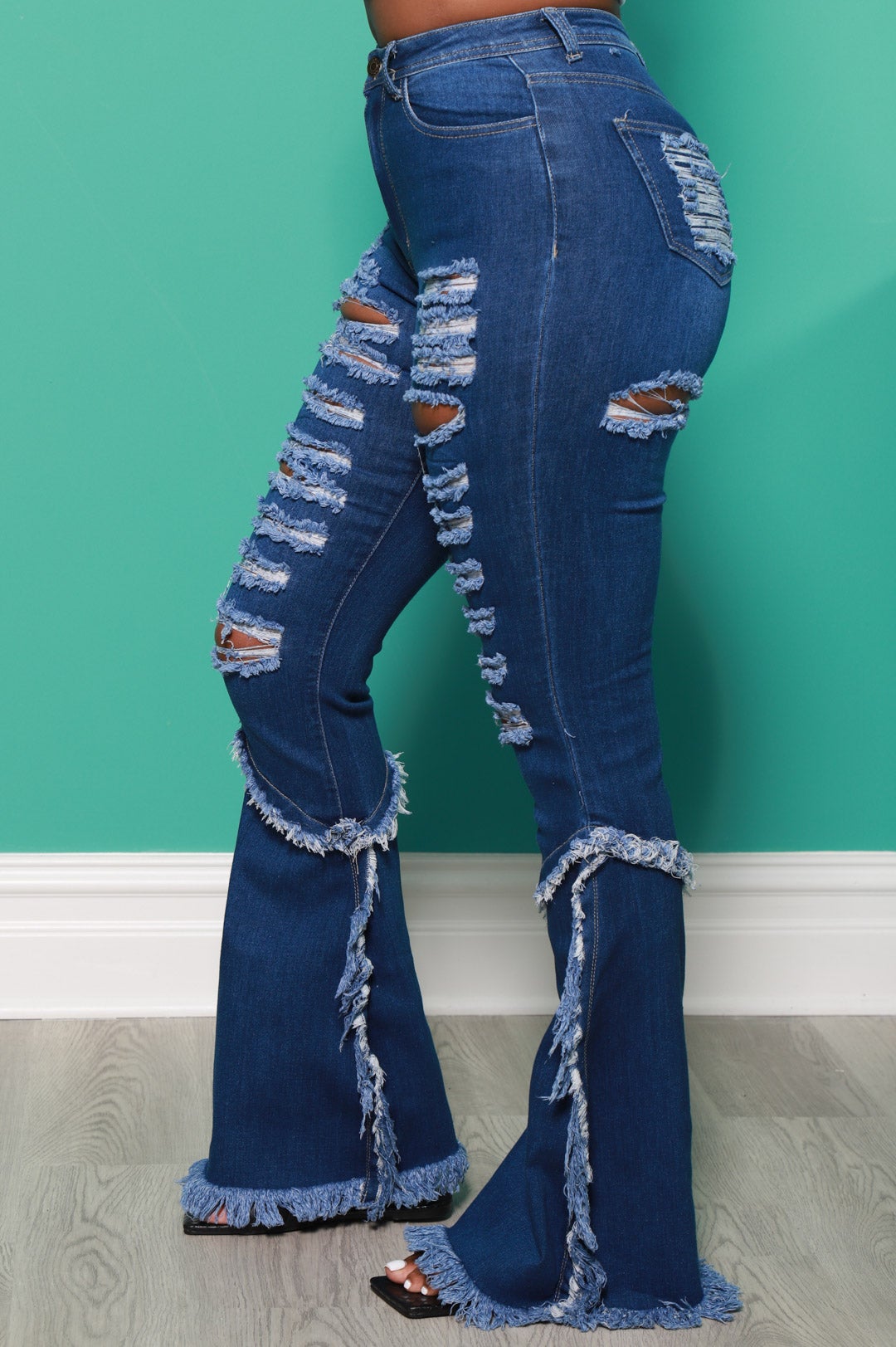 The Other Side Distressed Stretchy Flare Jeans - Mid Wash - Swank A Posh