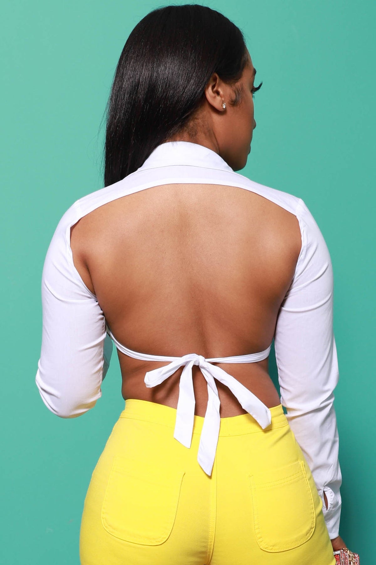 Exposed Open Back Cropped Blouse - White - Swank A Posh