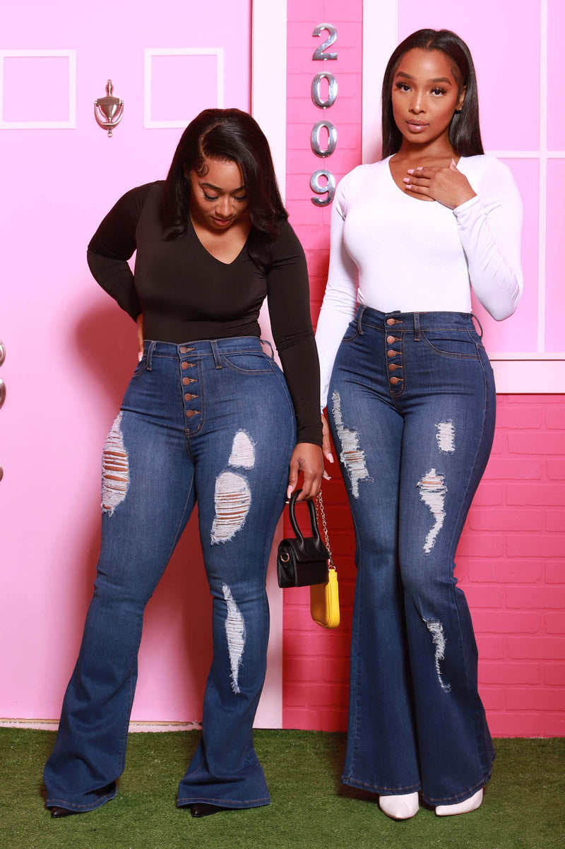 Head Start Distressed Bell Bottom Jeans - Dark Wash