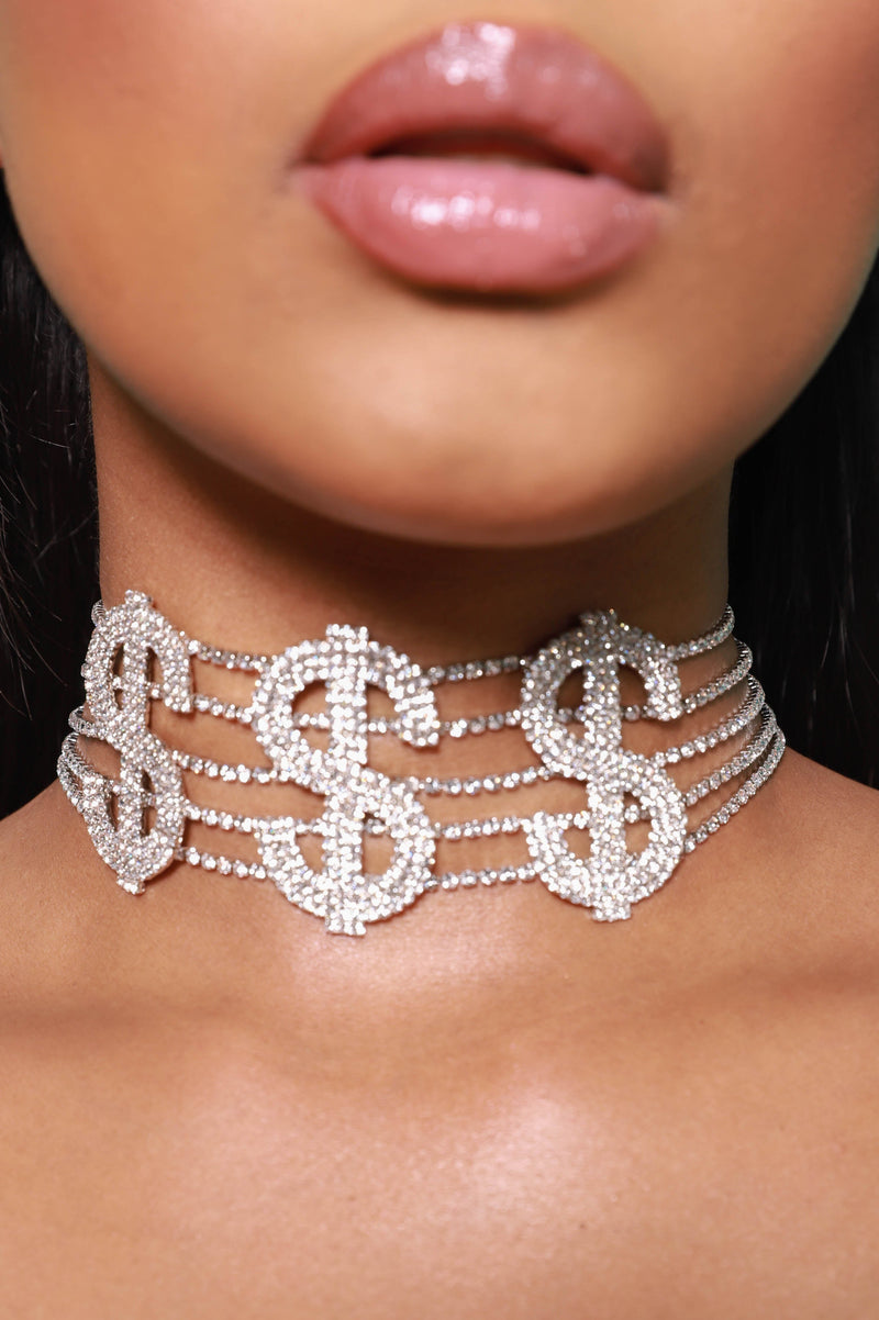 Money Talks Rhinestone Choker - Silver