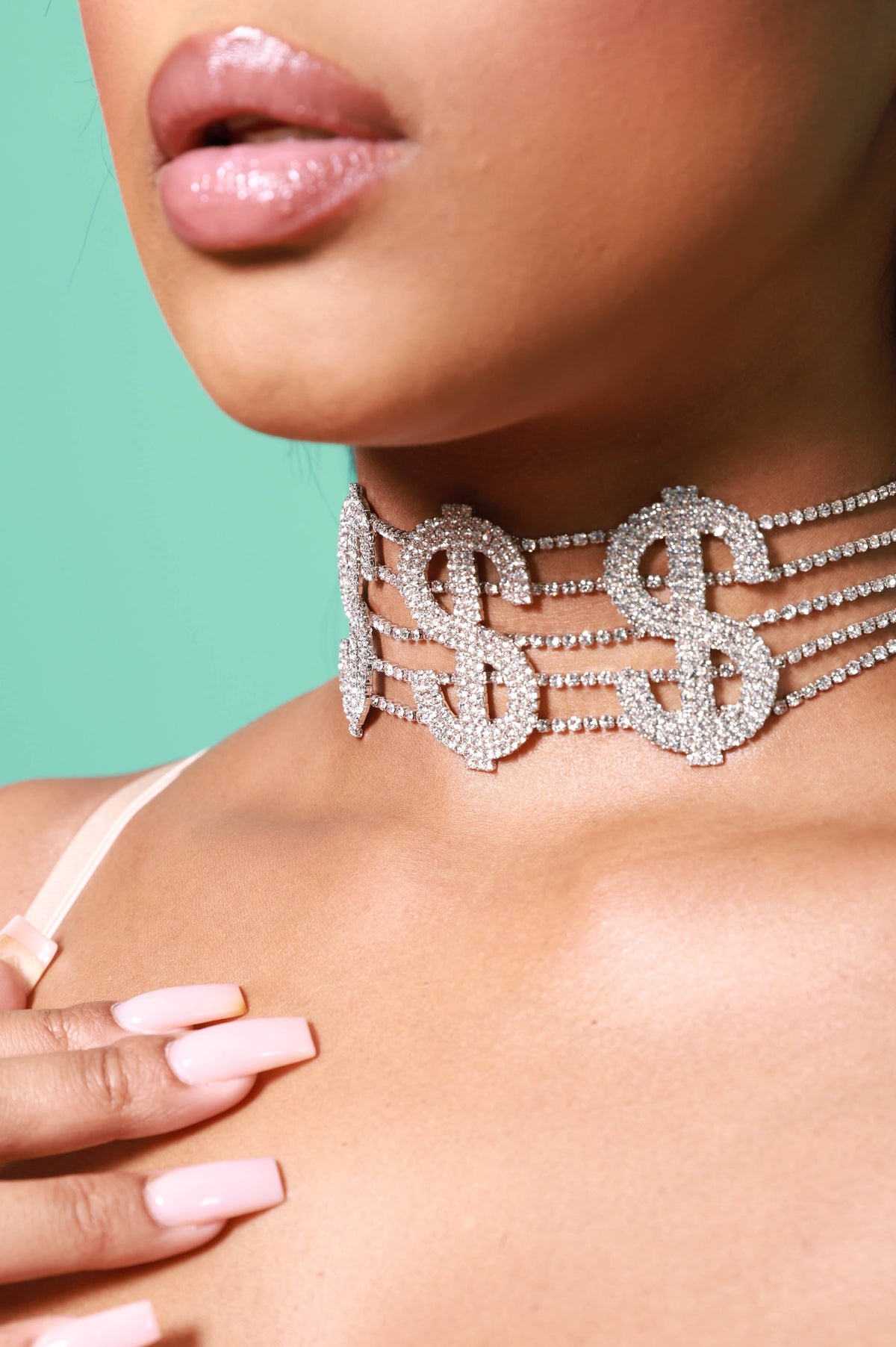 Money Talks Rhinestone Choker - Silver - Swank A Posh