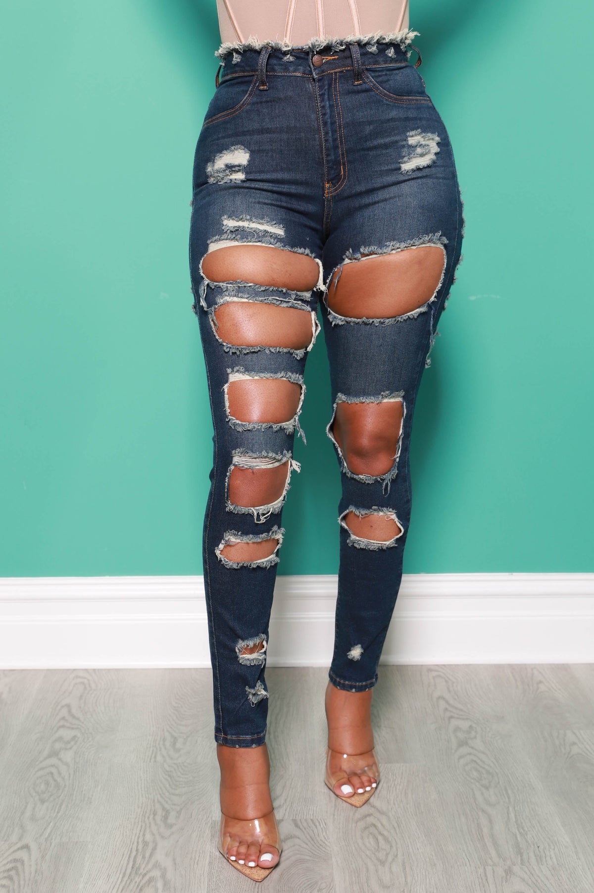 Refill High Rise Distressed Jeans - Dark Wash - Swank A Posh