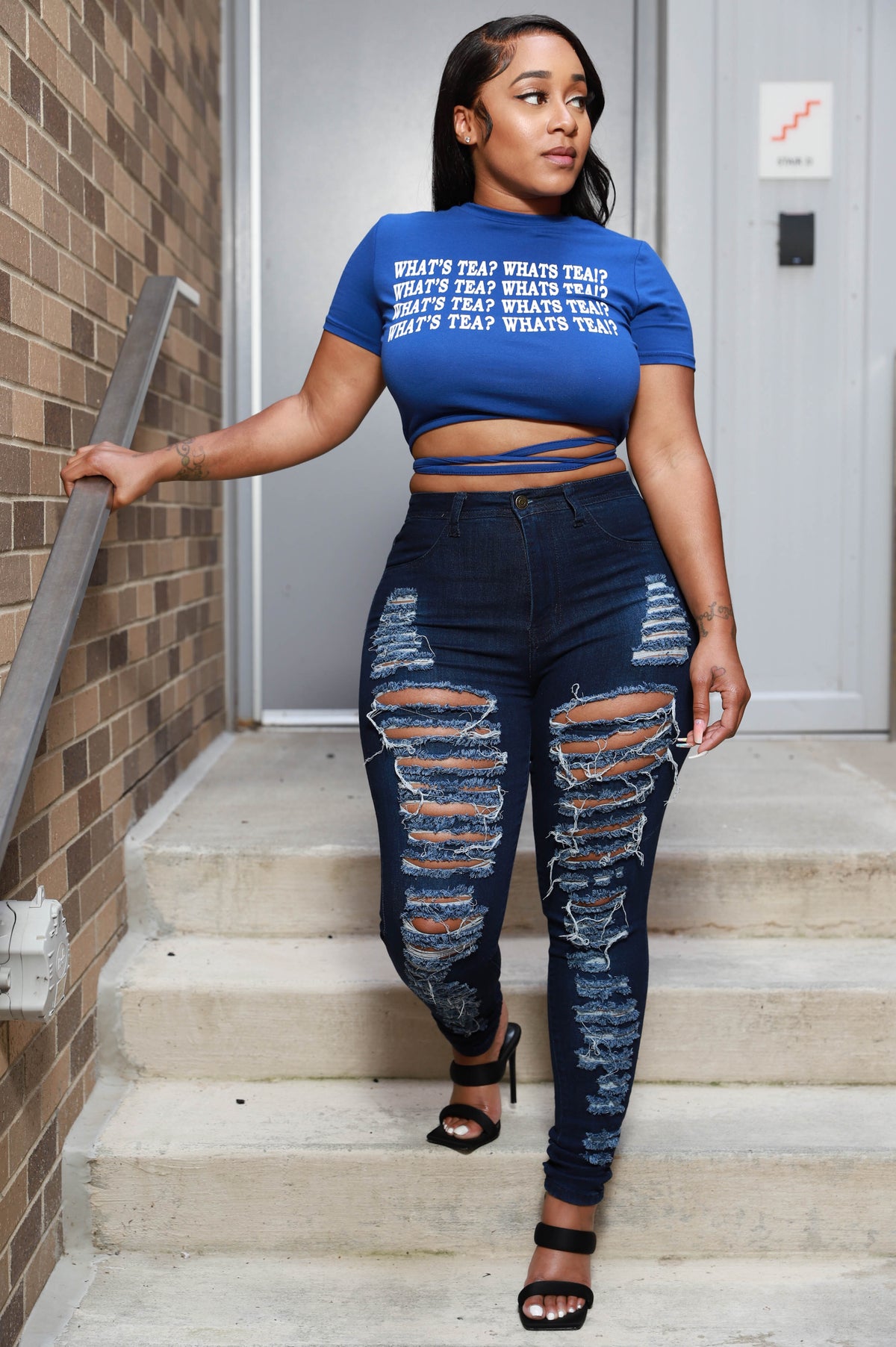 What's Tea? Printed Open Back T-Shirt - Royal Blue - Swank A Posh