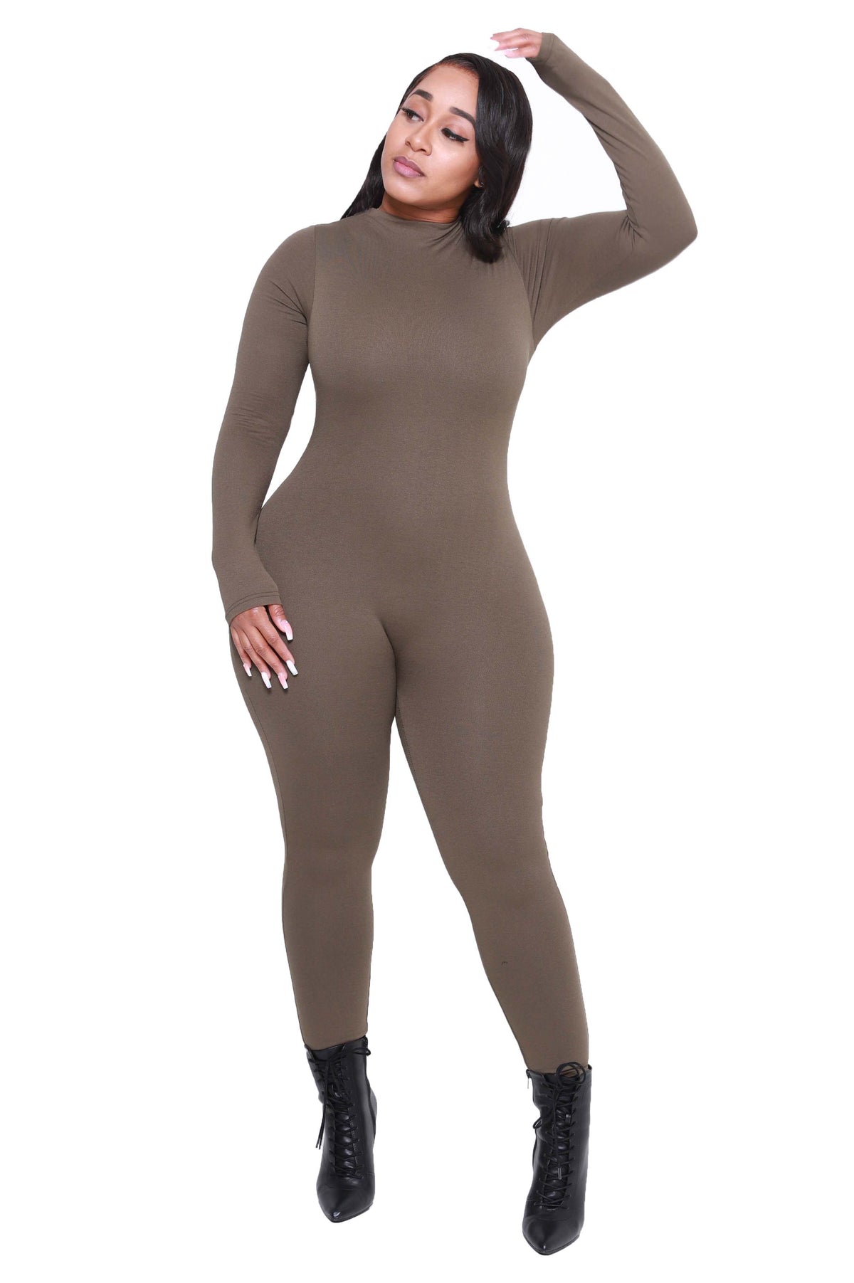 Heavy Hitter Mock Neck Long Sleeve Jumpsuit - Olive - Swank A Posh