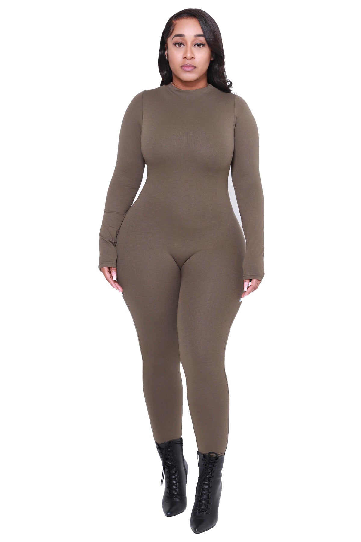 Heavy Hitter Mock Neck Long Sleeve Jumpsuit - Olive - Swank A Posh